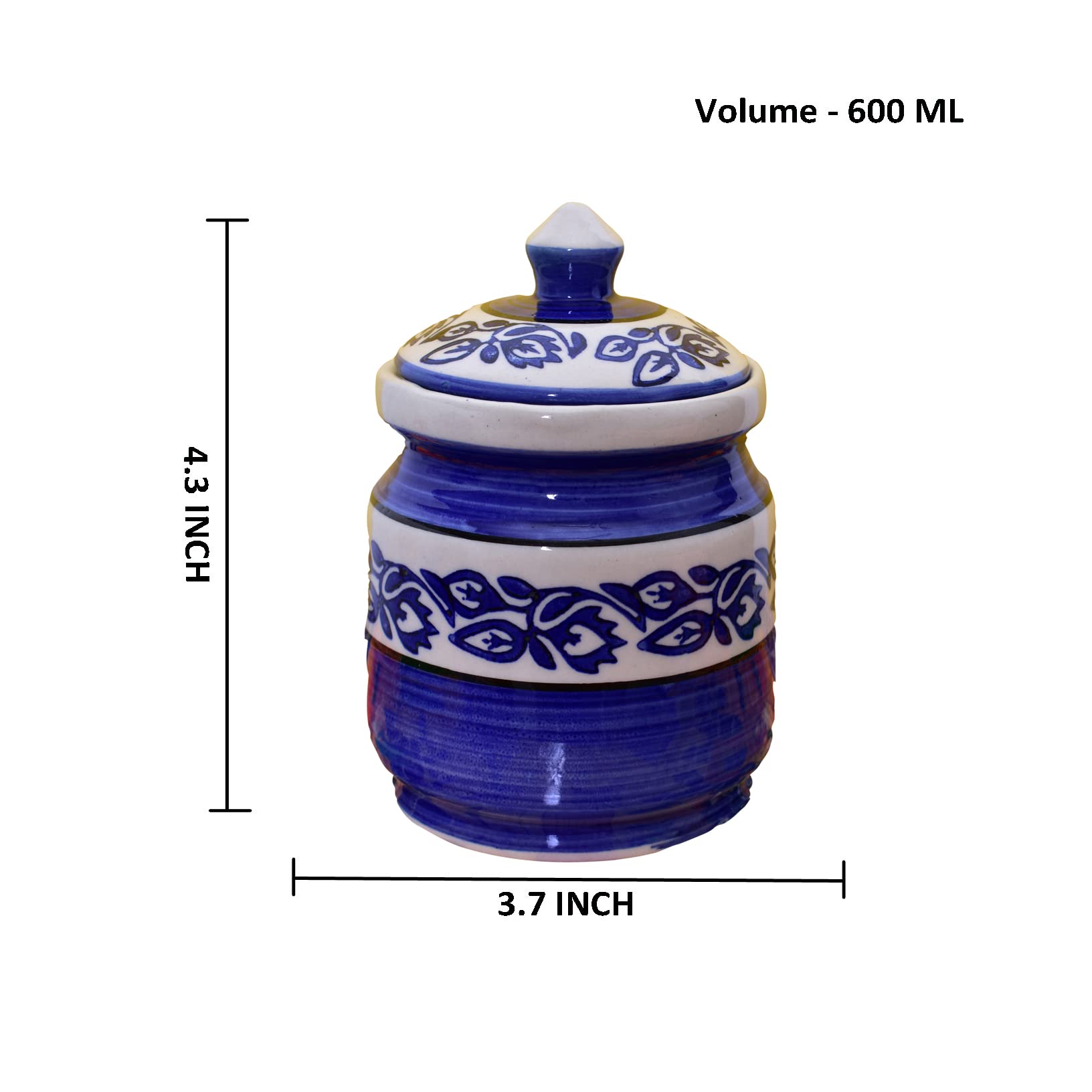 Kunhar Ceramic Jars (600ML) – Handcrafted Multipurpose Barni with Lid for Pickle, Chutney, Spices, Salt, Sugar – Kitchen Storage Containers, Blue Vine