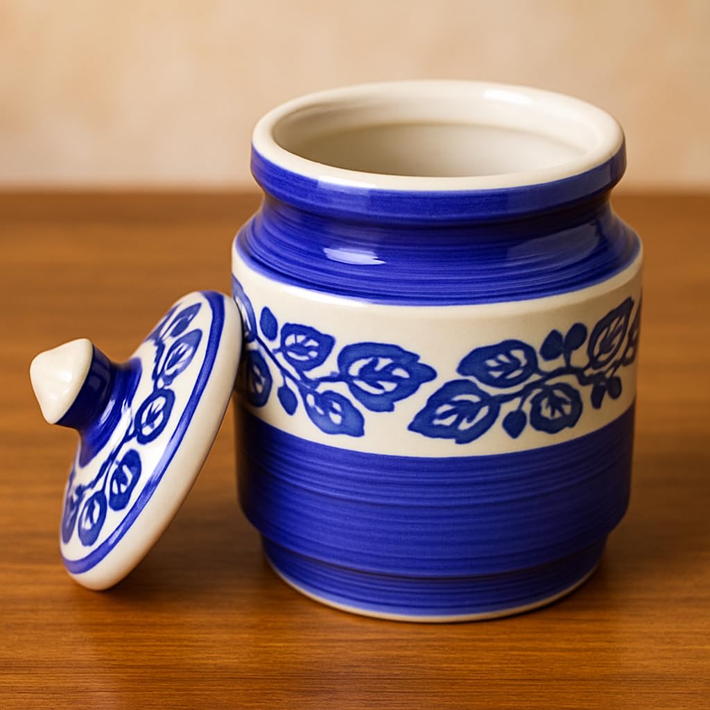Kunhar Ceramic Jars (600ML) – Handcrafted Multipurpose Barni with Lid for Pickle, Chutney, Spices, Salt, Sugar – Kitchen Storage Containers, Blue Vine