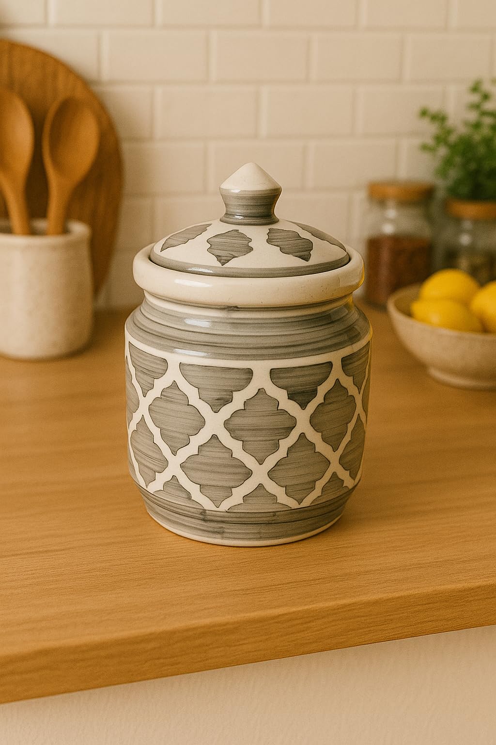 Kunhar Ceramic Jars (600ML) – Handcrafted Multipurpose Barni with Lid for Pickle, Chutney, Spices, Salt, Sugar – Kitchen Storage Containers, Grey Umrao