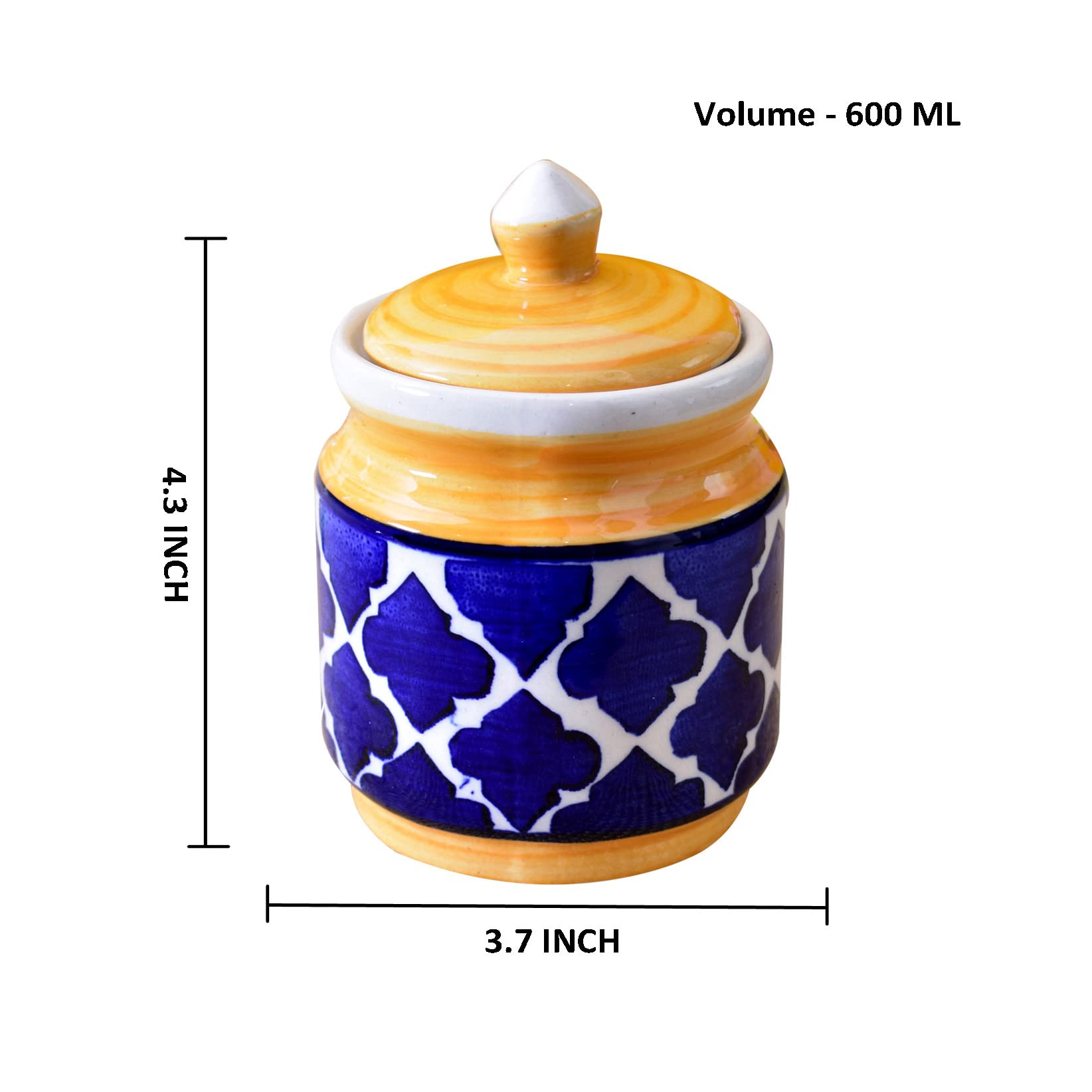 Kunhar Ceramic Jars (600ML) – Handcrafted Multipurpose Barni with Lid for Pickle, Chutney, Spices, Salt, Sugar – Kitchen Storage Containers, Yellow Blue