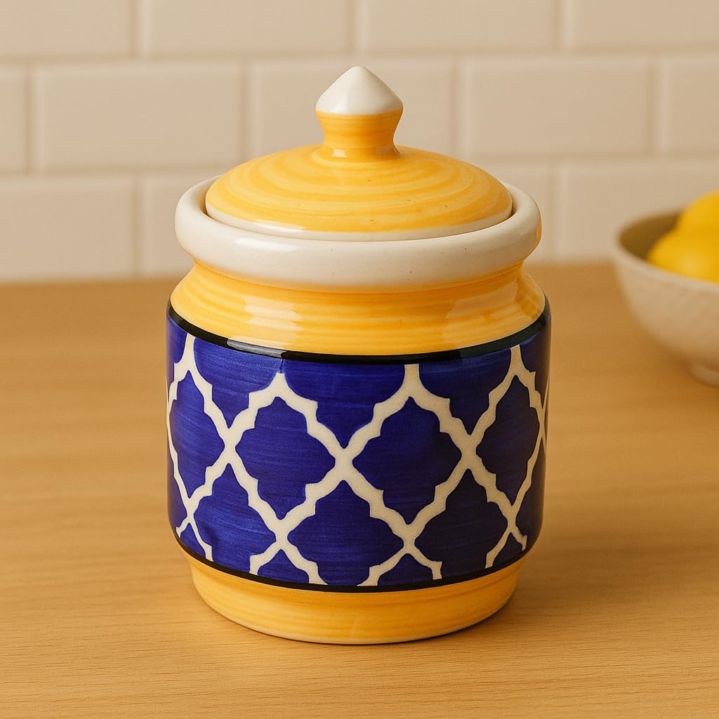 Kunhar Ceramic Jars (600ML) – Handcrafted Multipurpose Barni with Lid for Pickle, Chutney, Spices, Salt, Sugar – Kitchen Storage Containers, Yellow Blue