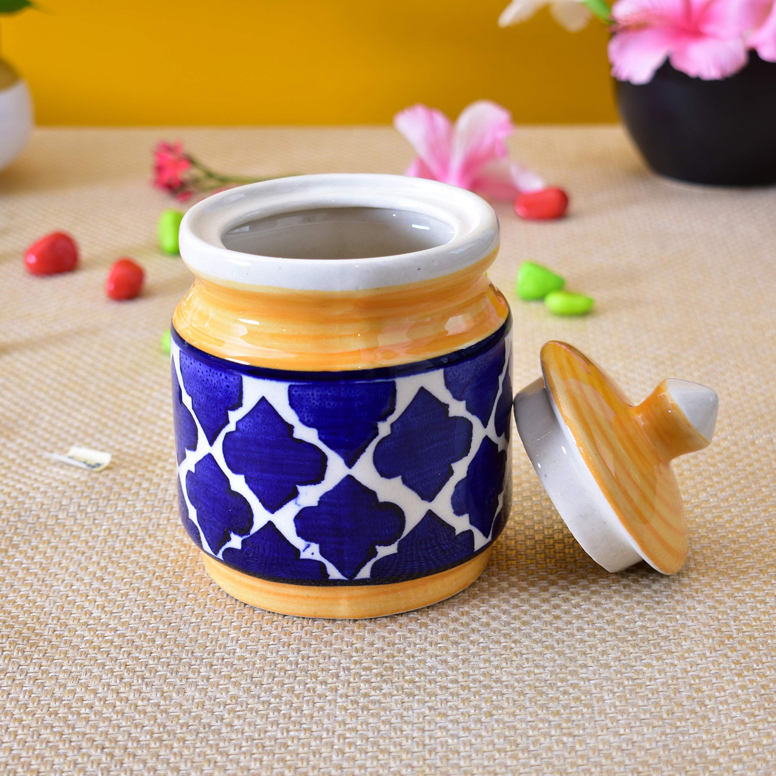 Kunhar Ceramic Jars (600ML) – Handcrafted Multipurpose Barni with Lid for Pickle, Chutney, Spices, Salt, Sugar – Kitchen Storage Containers, Yellow Blue