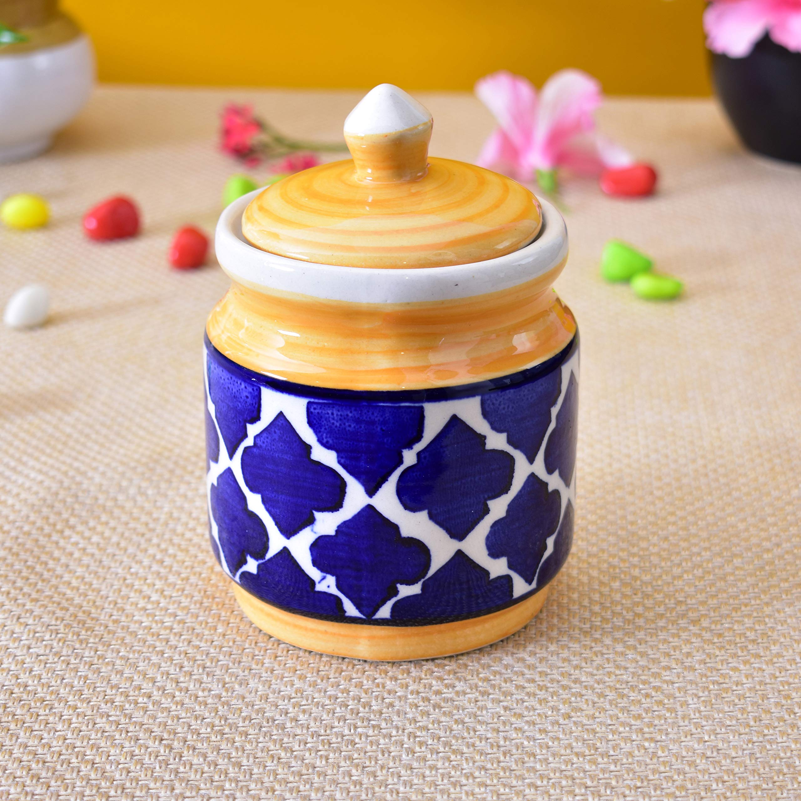 Kunhar Ceramic Jars (600ML) – Handcrafted Multipurpose Barni with Lid for Pickle, Chutney, Spices, Salt, Sugar – Kitchen Storage Containers, Yellow Blue
