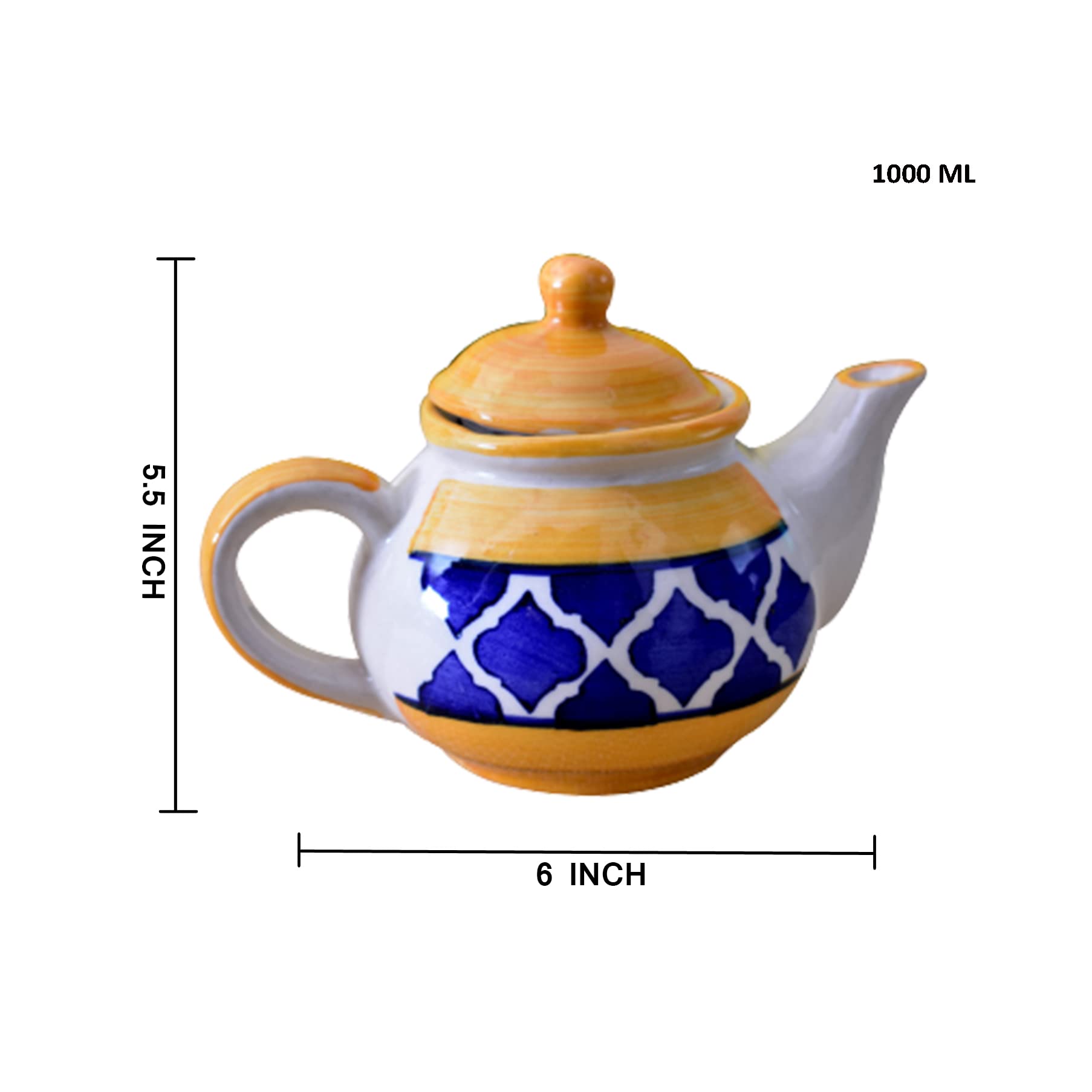 KunhaR Ceramic Teapot - 1 Piece, Yellow-Blue, 1000 ml