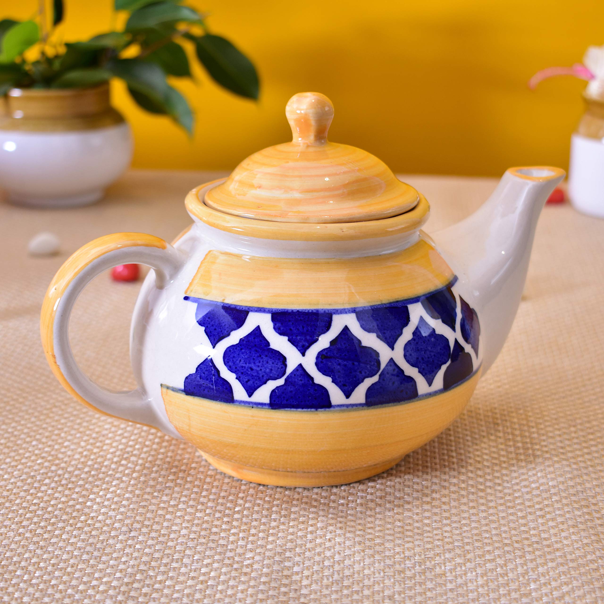 KunhaR Ceramic Teapot - 1 Piece, Yellow-Blue, 1000 ml