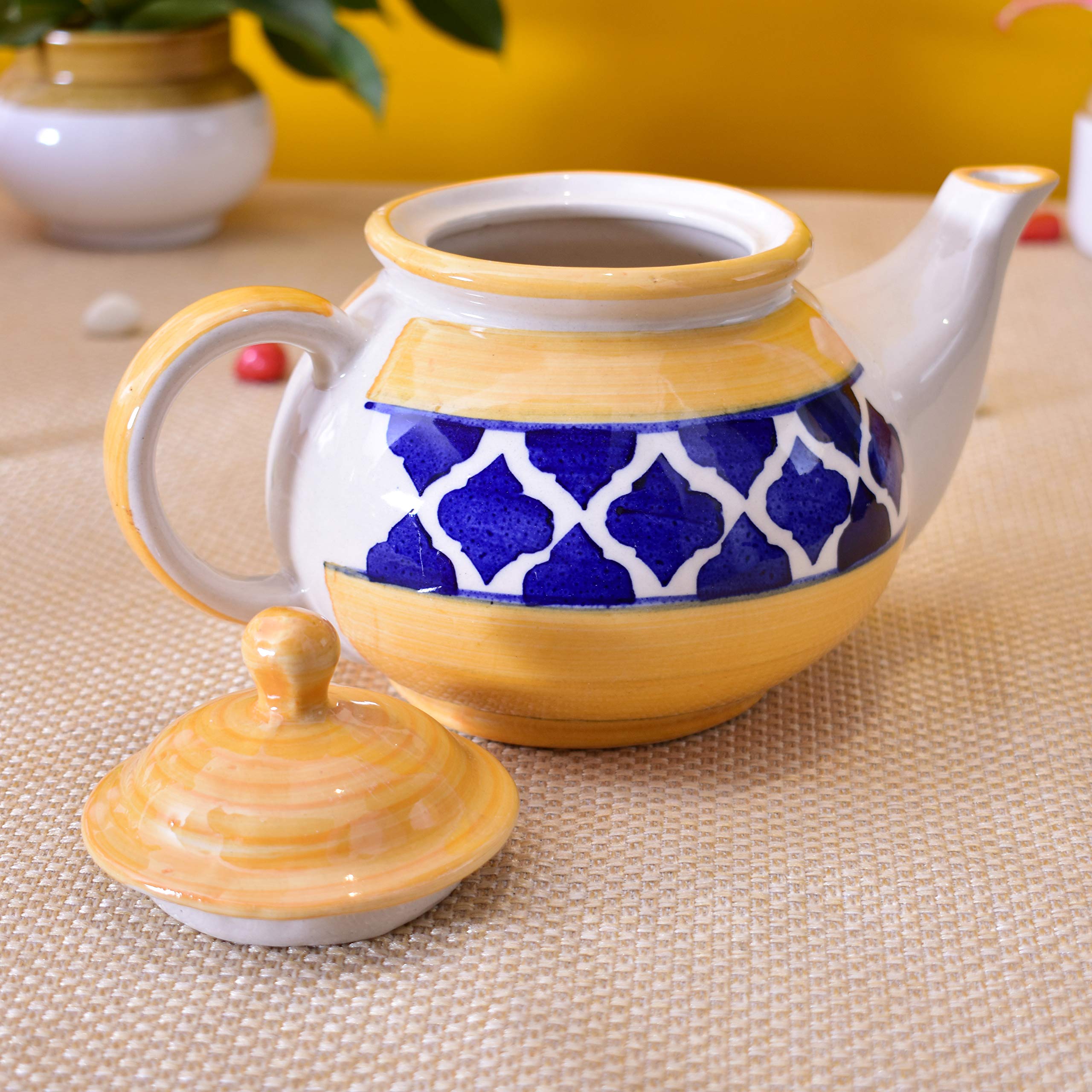 KunhaR Ceramic Teapot - 1 Piece, Yellow-Blue, 1000 ml