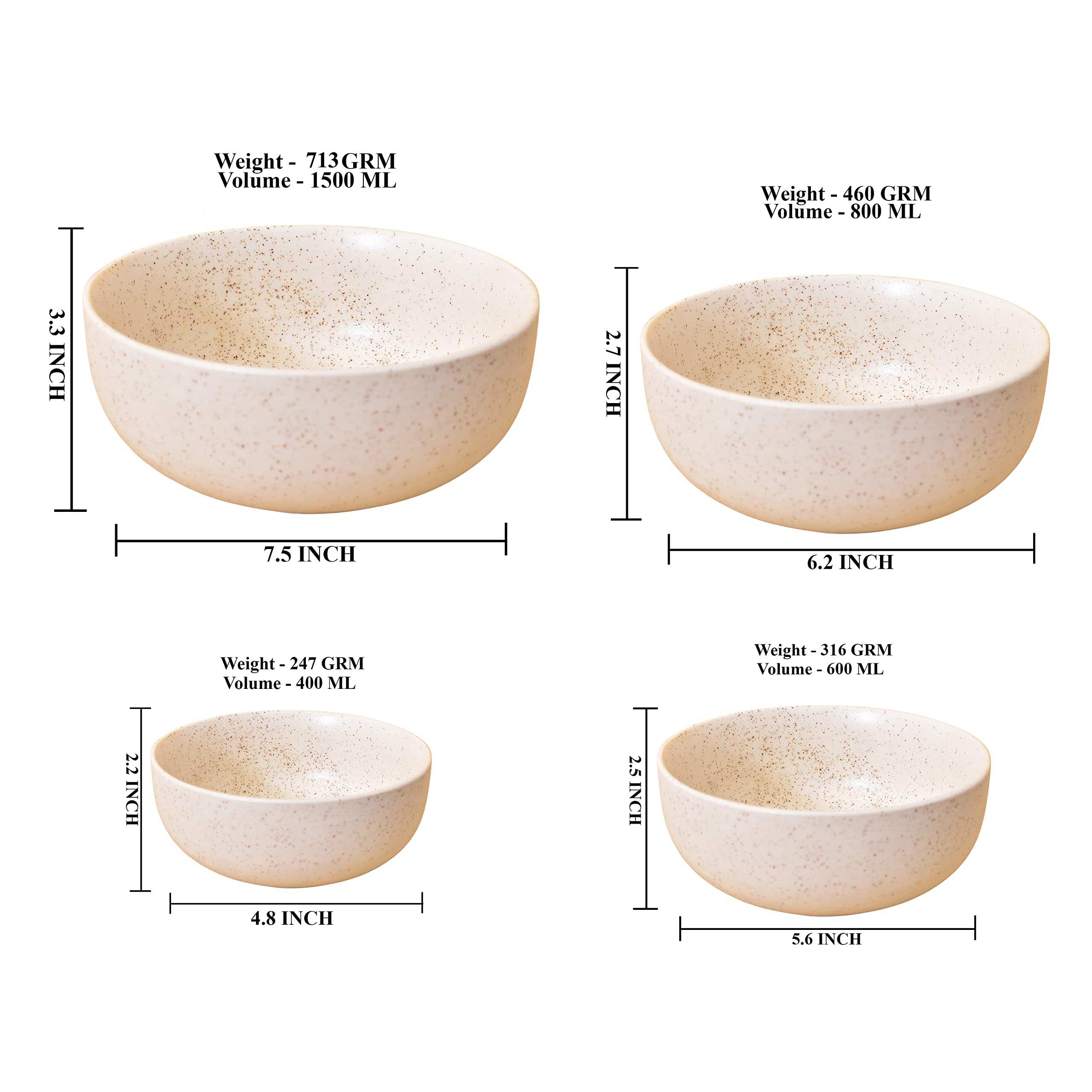 Kunhar Ceramic Mixing Bowls - 1500 Ml, 800 Ml, 600 Ml and 400 Ml, 4 Pieces, White Matt