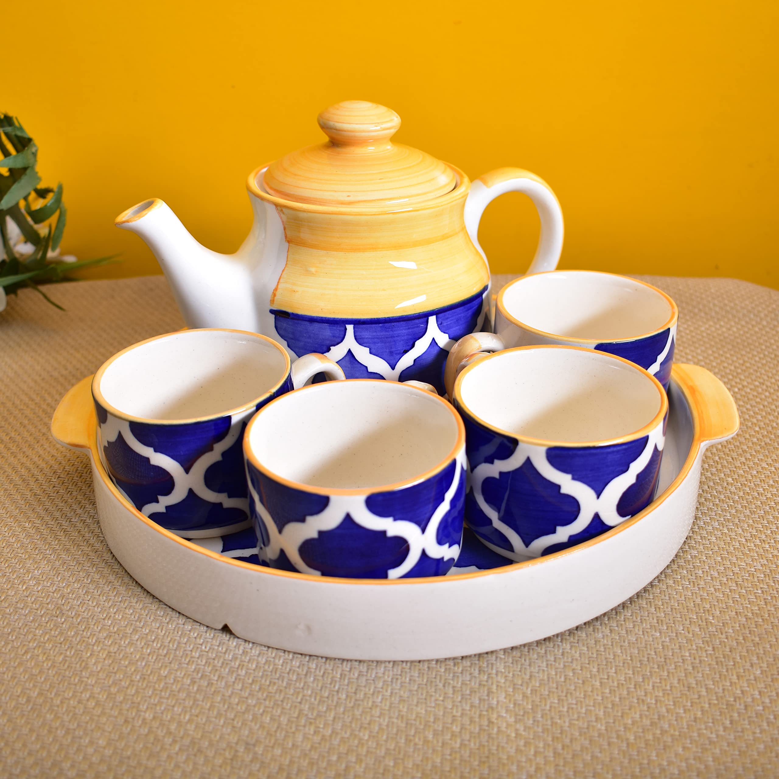 Kunhar Ceramic Morning Set with 1 Teapot, 1 Serving Tray and 4 Cups, Yellow Chidi
