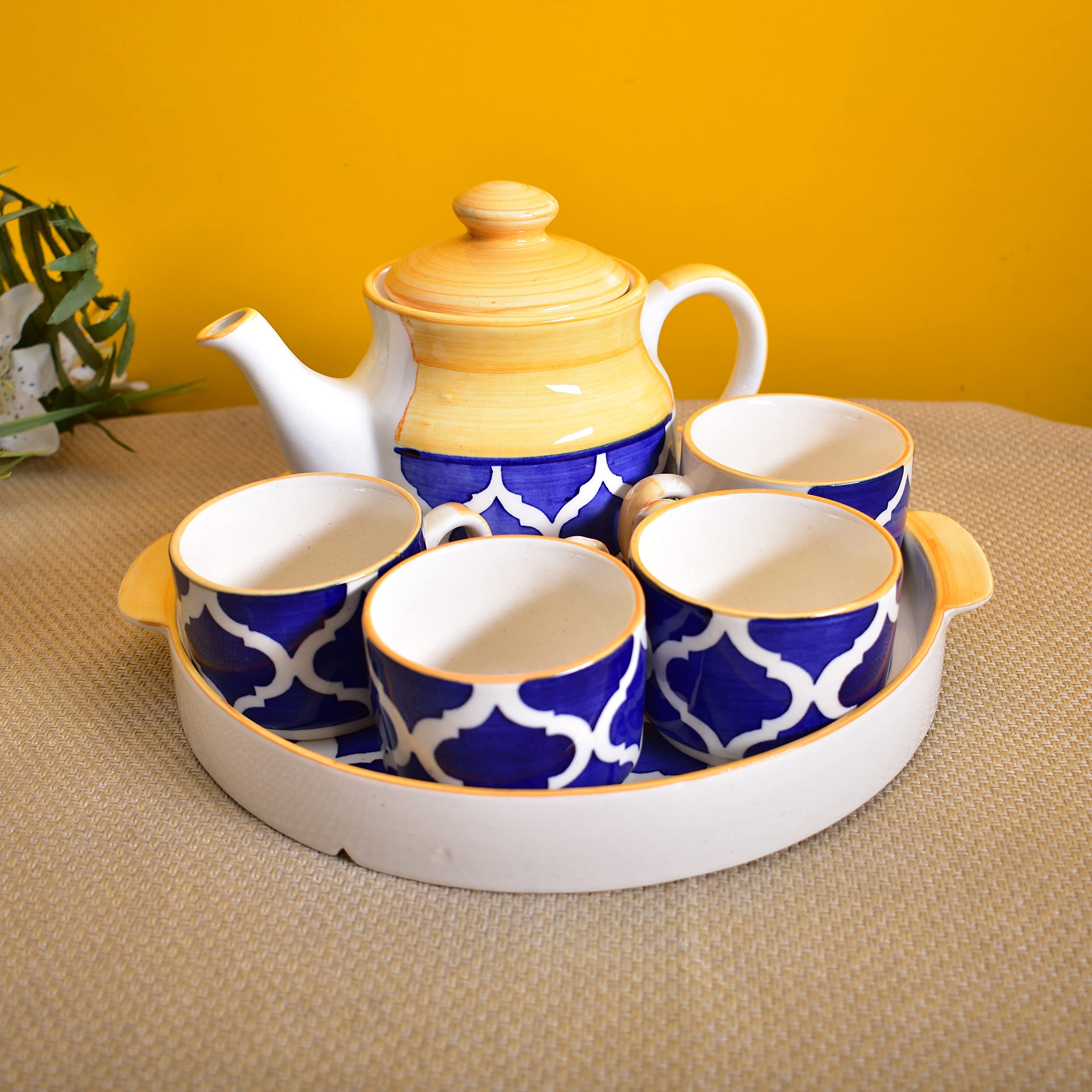 Kunhar Ceramic Morning Set with 1 Teapot, 1 Serving Tray and 4 Cups, Yellow Chidi