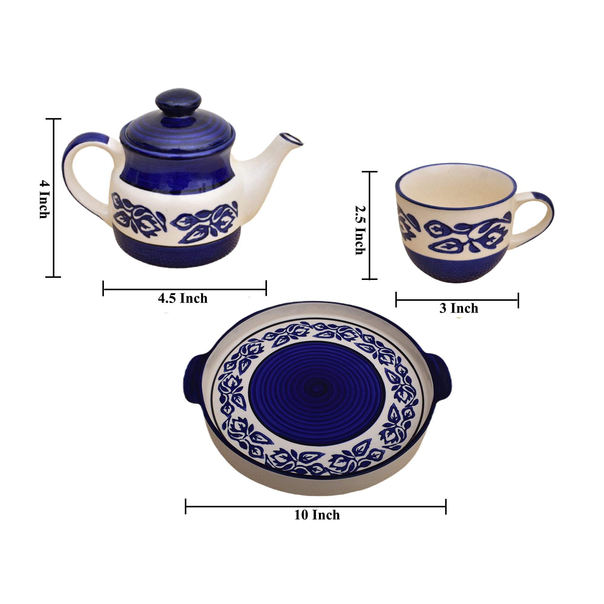 Kunhar Ceramic Morning Set, Blue Flower (1 Tray, 4 Cups 150 ml and 1 Teapot 650 ml)