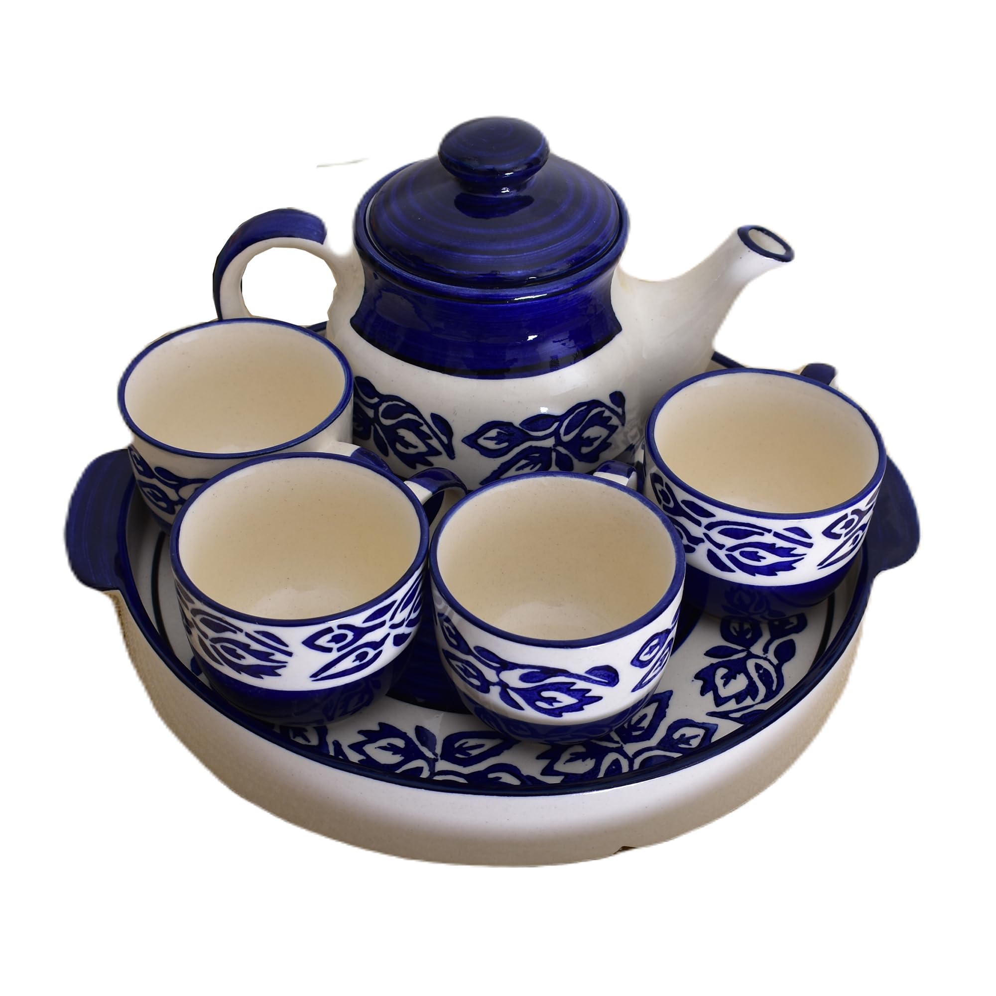Kunhar Ceramic Morning Set, Blue Flower (1 Tray, 4 Cups 150 ml and 1 Teapot 650 ml)