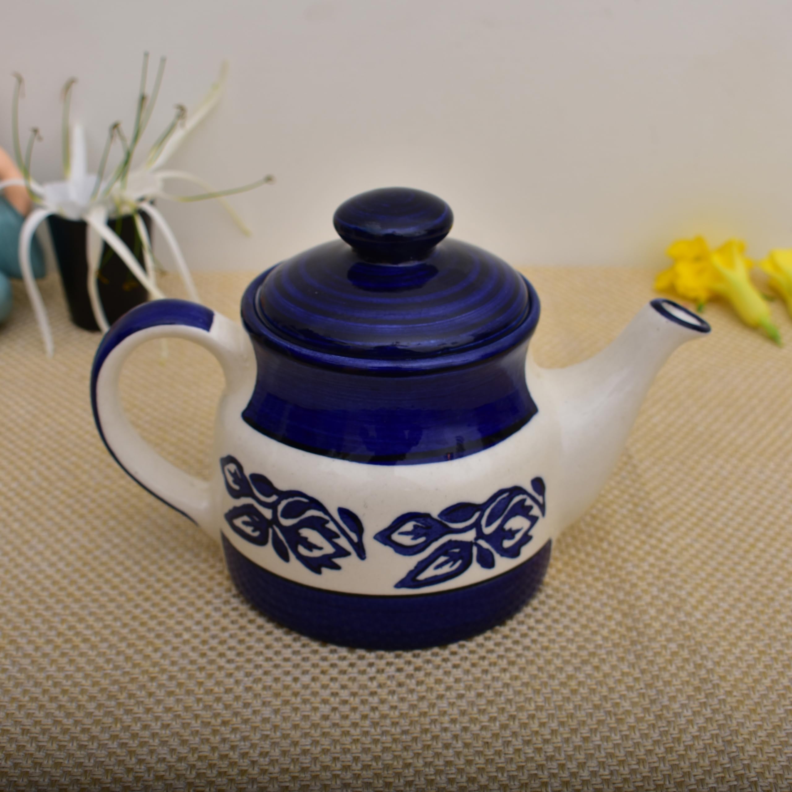 Kunhar Ceramic Morning Set, Blue Flower (1 Tray, 4 Cups 150 ml and 1 Teapot 650 ml)