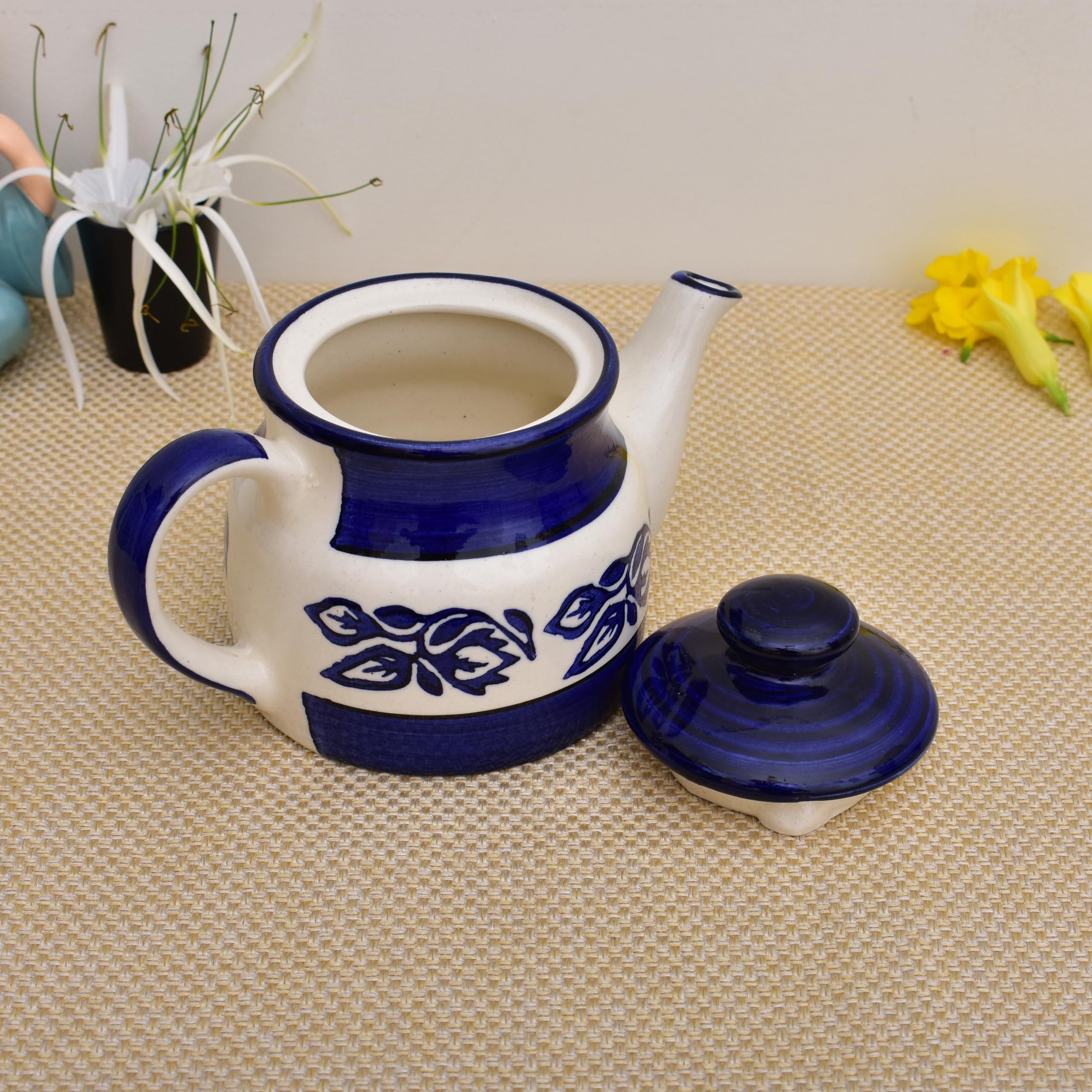 Kunhar Ceramic Morning Set, Blue Flower (1 Tray, 4 Cups 150 ml and 1 Teapot 650 ml)