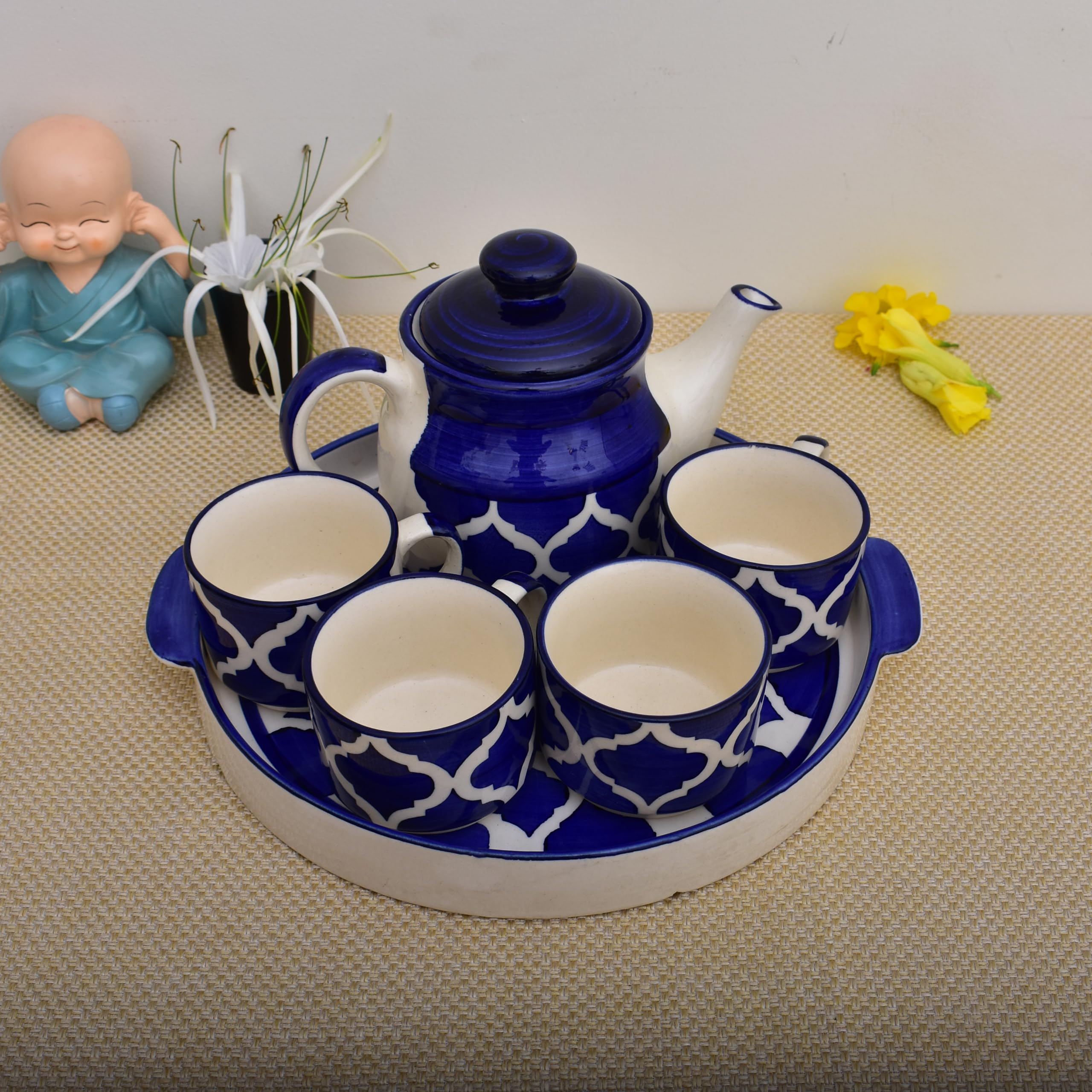 Kunhar Ceramic Morning Set, Blue Vine (1 Tray, 4 Cups 150 ml and 1 Teapot 650 ml)