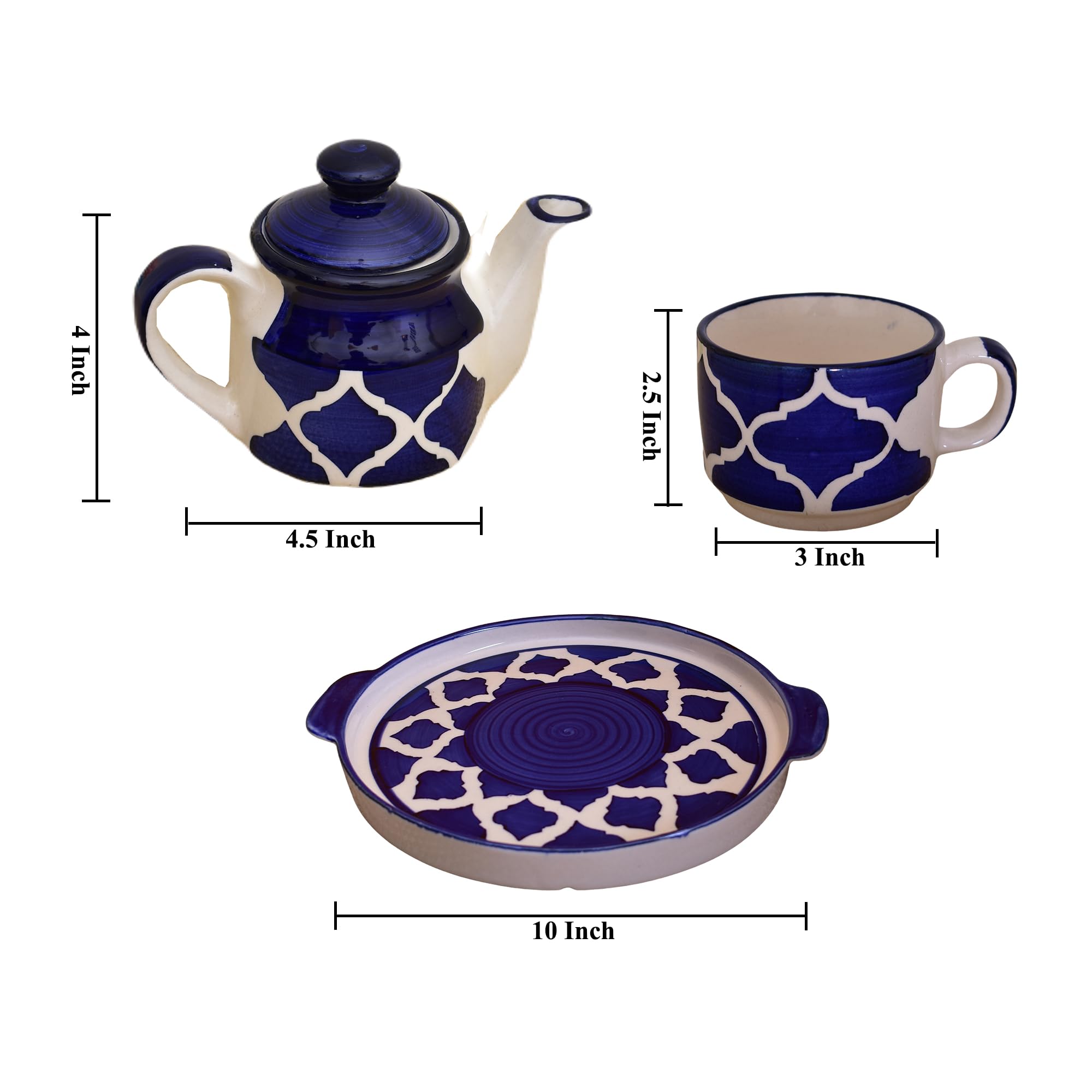 Kunhar Ceramic Morning Set, Blue Vine (1 Tray, 4 Cups 150 ml and 1 Teapot 650 ml)
