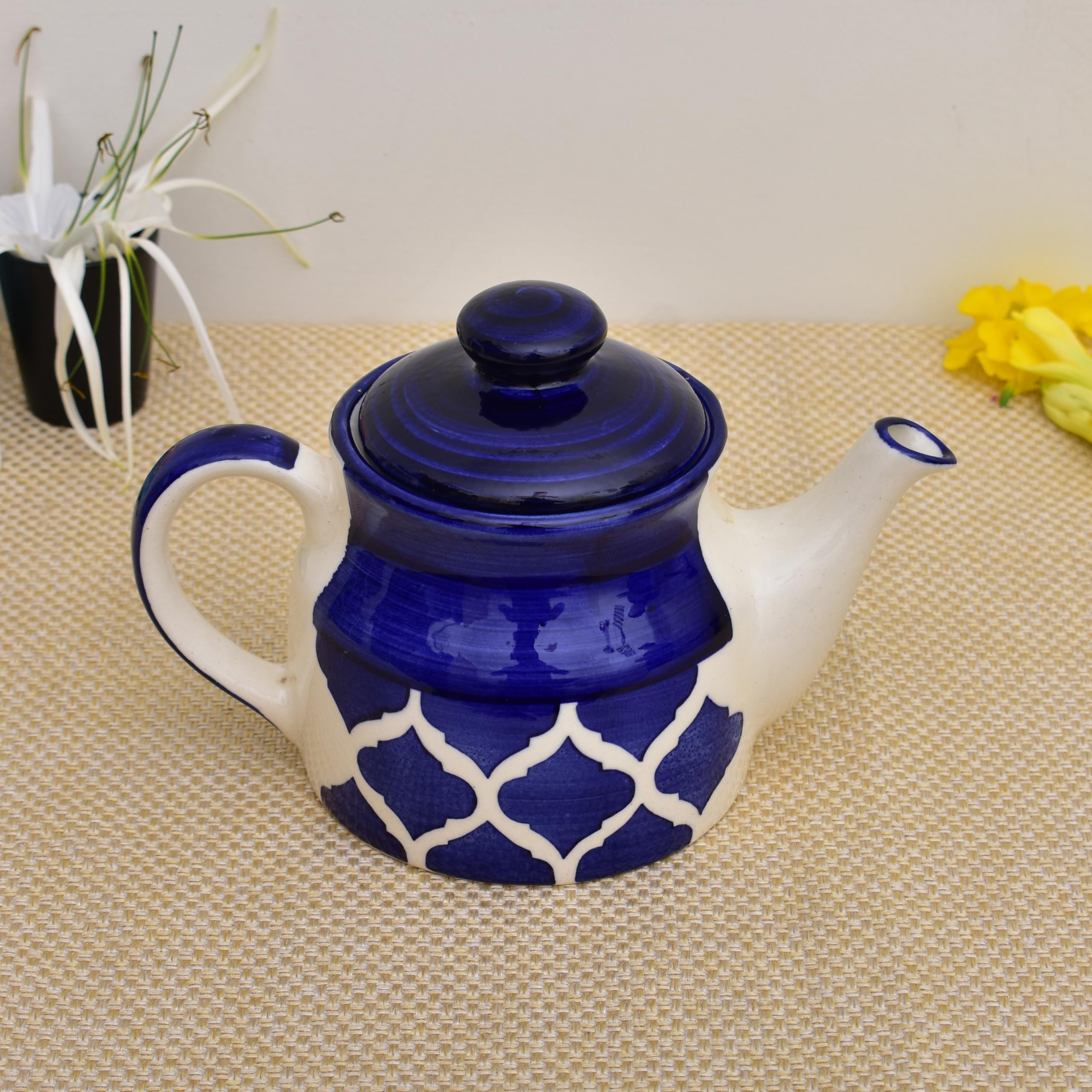 Kunhar Ceramic Morning Set, Blue Vine (1 Tray, 4 Cups 150 ml and 1 Teapot 650 ml)