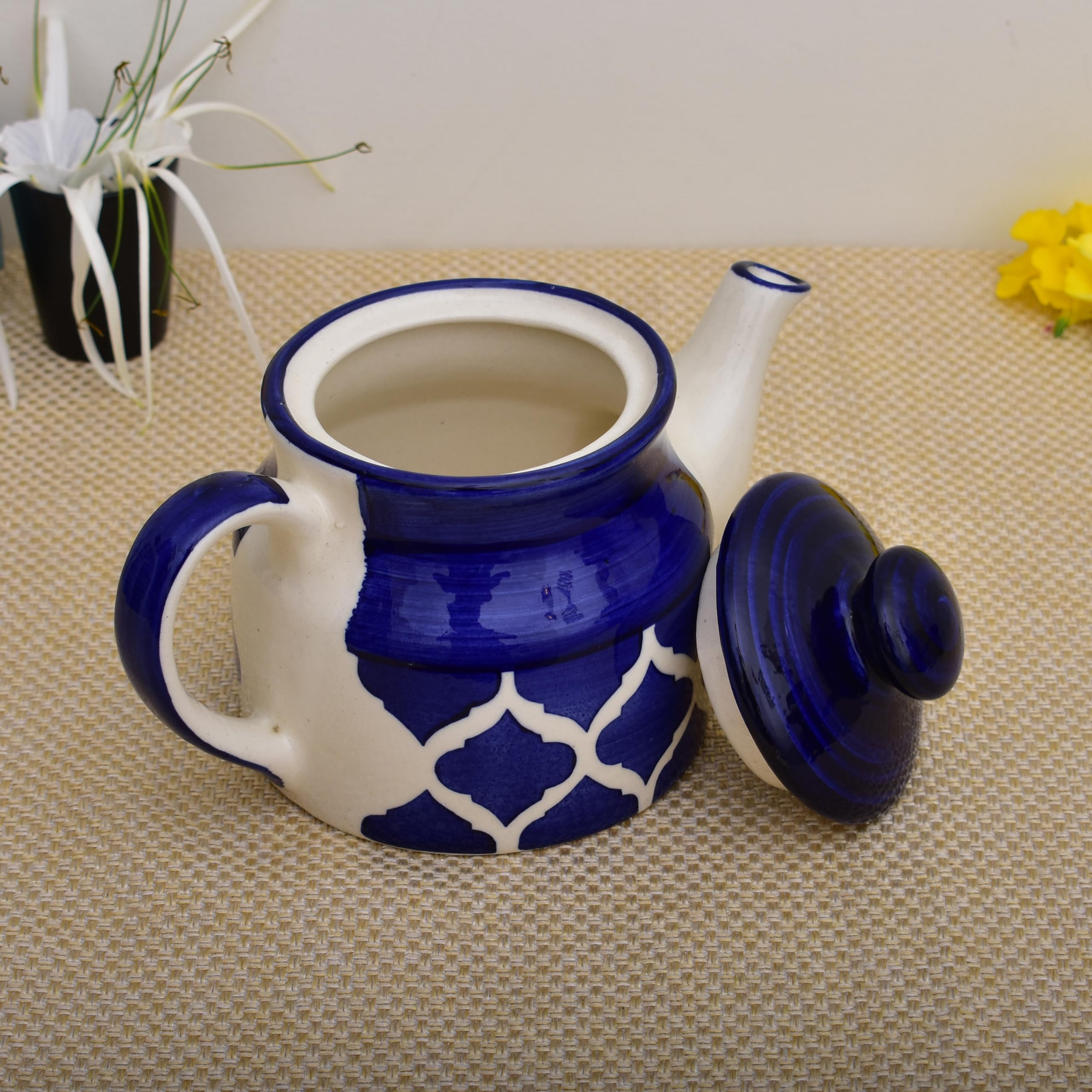 Kunhar Ceramic Morning Set, Blue Vine (1 Tray, 4 Cups 150 ml and 1 Teapot 650 ml)