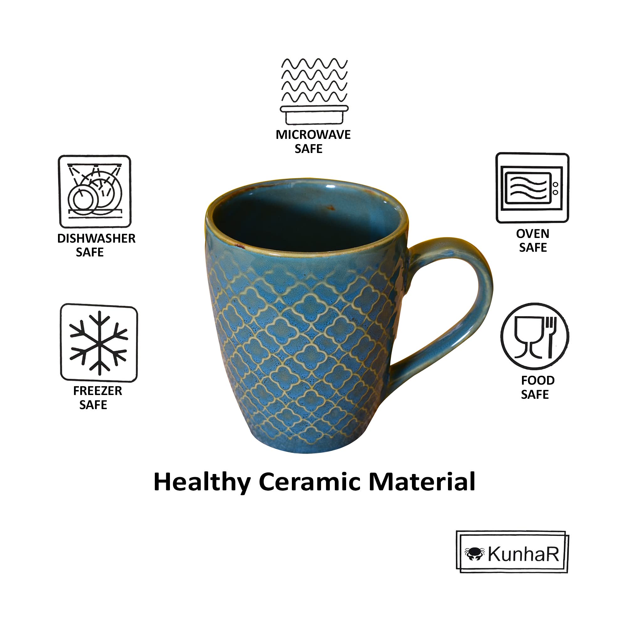 Kunhar Ceramic Milk Mugs, Muted Blues - 4 Pieces, Blue Bayoux, 300ml