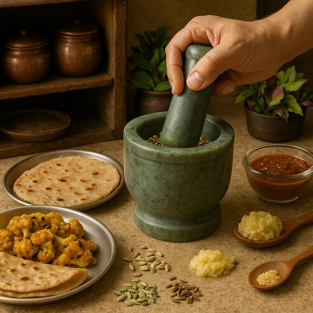 KunhaR Natural green Marble Mortar and Pestle Set, Imam Dasta, Ohkli Musal, Kharal - 4 x 4 Inches, Green(Full Polish)