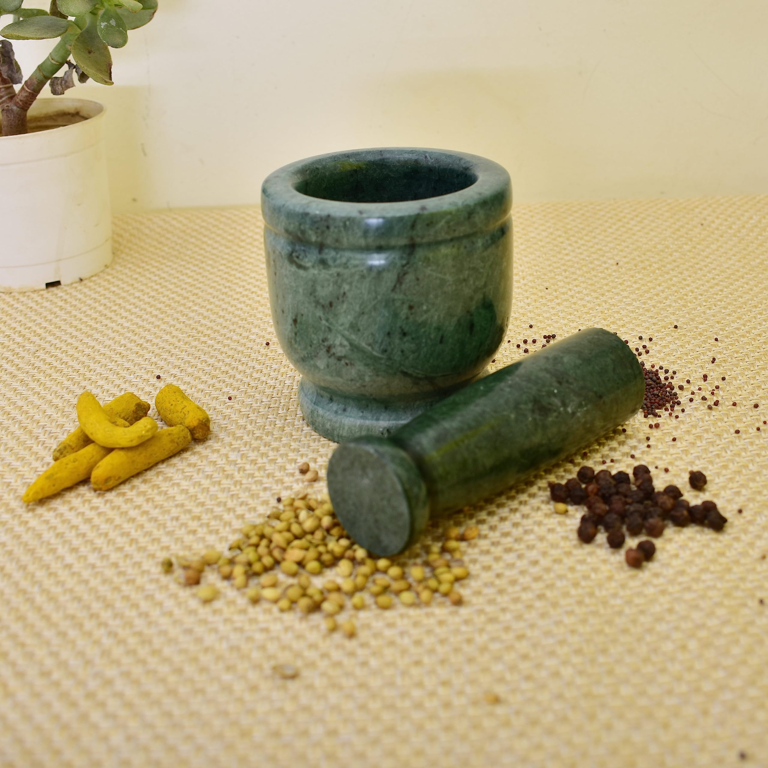 KunhaR Natural green Marble Mortar and Pestle Set, Imam Dasta, Ohkli Musal, Kharal - 4 x 4 Inches, Green(Full Polish)