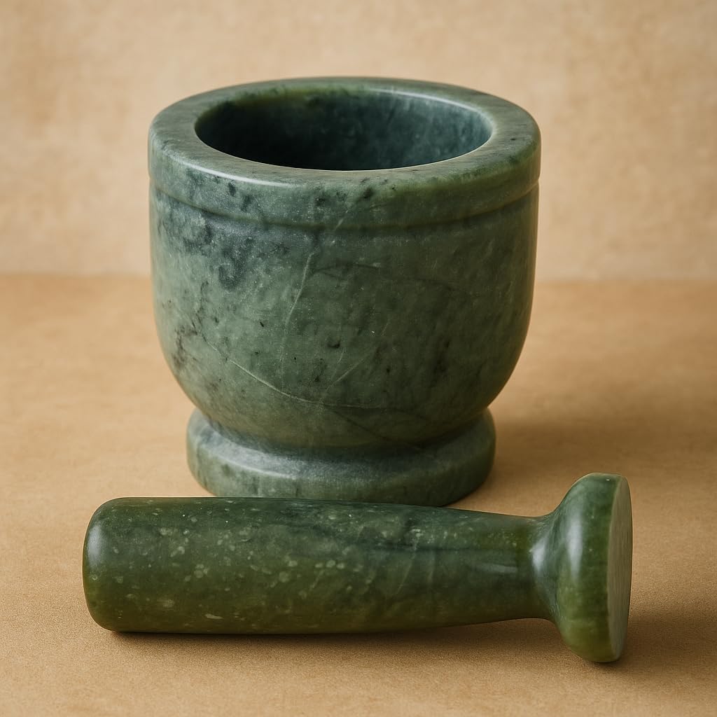 KunhaR Natural green Marble Mortar and Pestle Set, Imam Dasta, Ohkli Musal, Kharal - 4 x 4 Inches, Green(Full Polish)