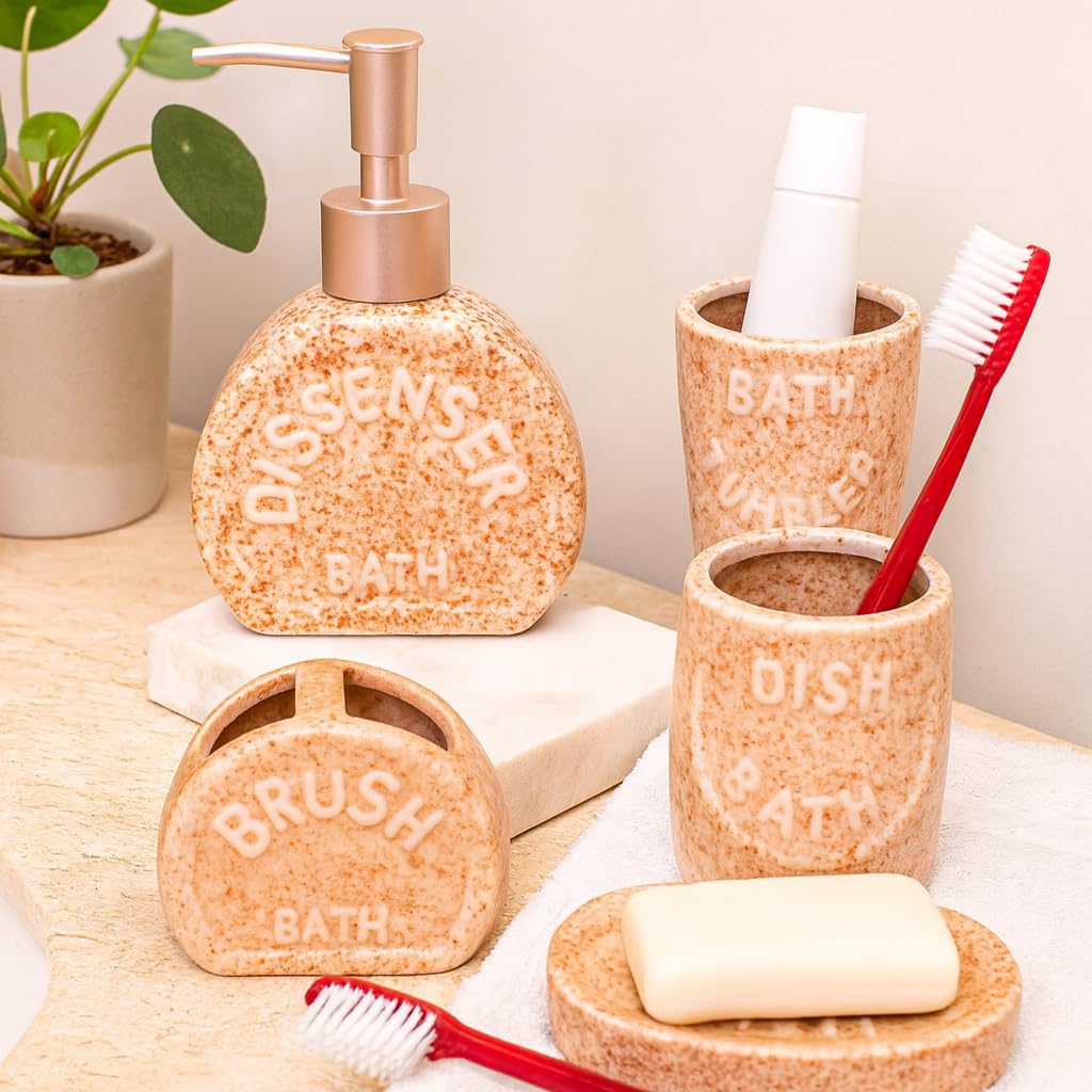 KunhaR 4-Piece Bathroom Accessories Set – Liquid Soap Dispenser, Soap Dish, Toothbrush Holder & Tumbler