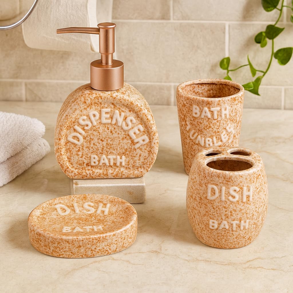 KunhaR 4-Piece Bathroom Accessories Set – Liquid Soap Dispenser, Soap Dish, Toothbrush Holder & Tumbler