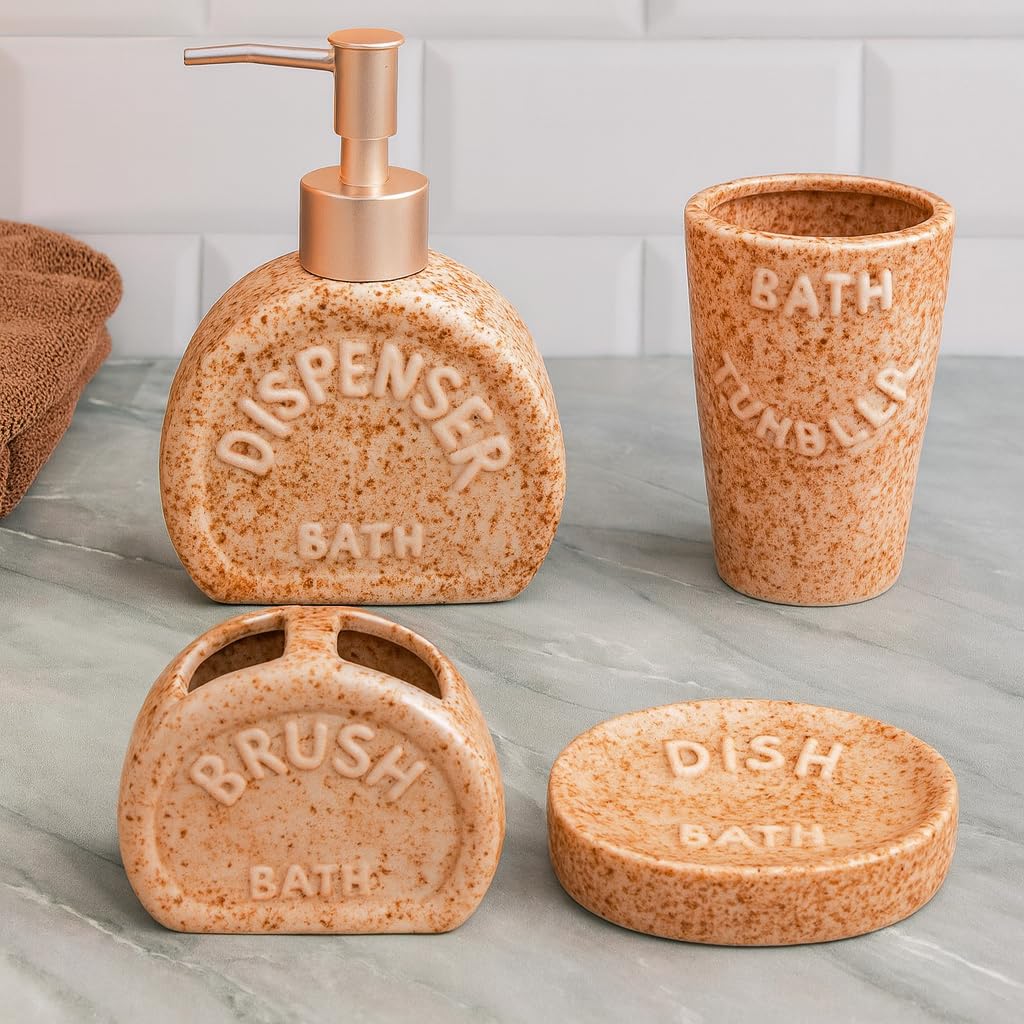 KunhaR 4-Piece Bathroom Accessories Set – Liquid Soap Dispenser, Soap Dish, Toothbrush Holder & Tumbler