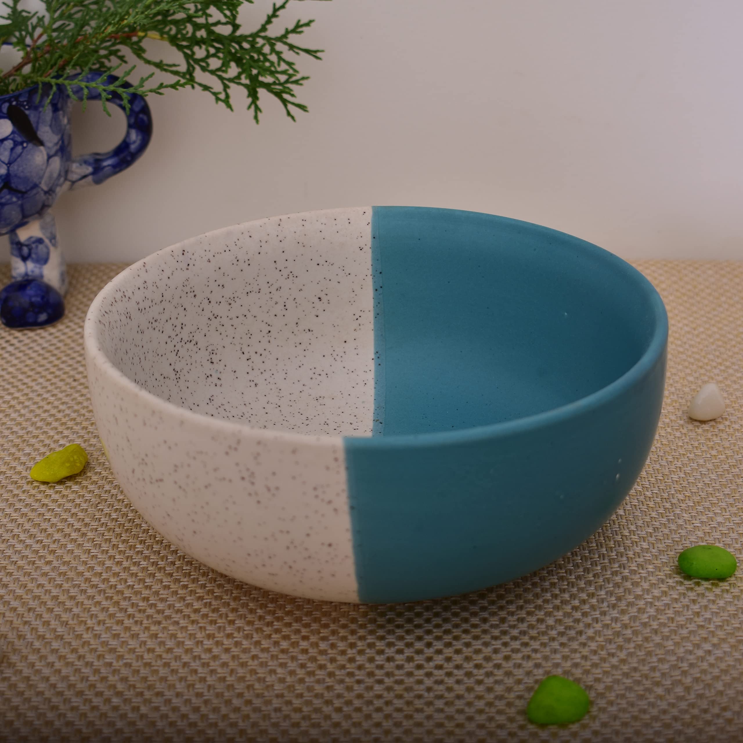Kunhar Ceramic Serving Bowl (White Dusty Blue, 1500 Ml) - 1 Piece
