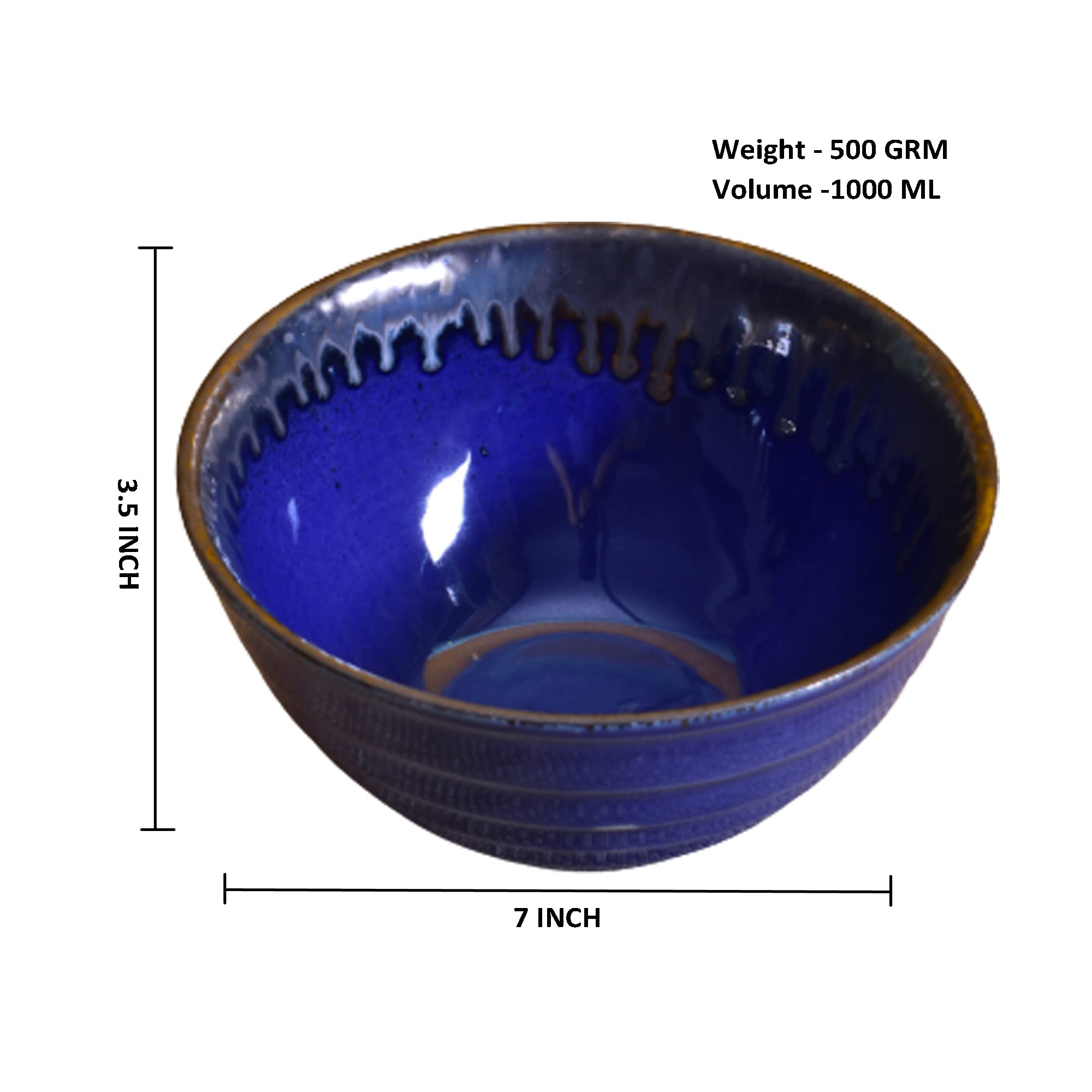 Kunhar Glazed Studio Pottery Ceramic Bowl - 1000 ML, 1 Piece, Denim Dark Blue