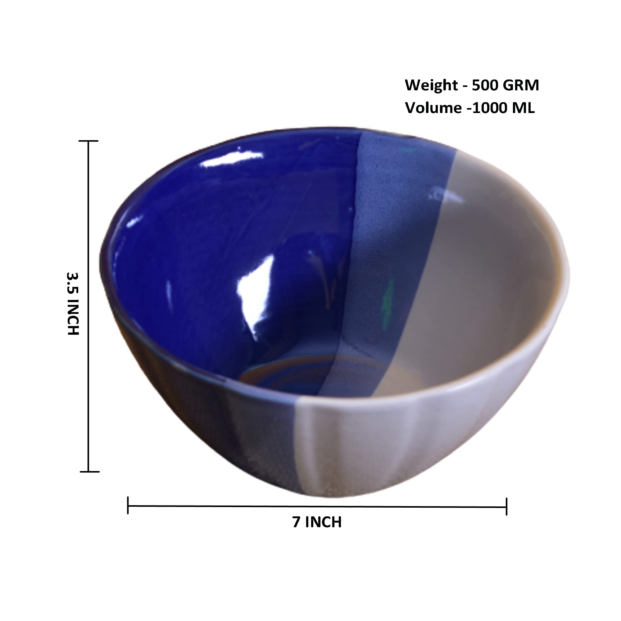Kunhar Glazed Studio Pottery Ceramic Bowl 1000 ML White Blue