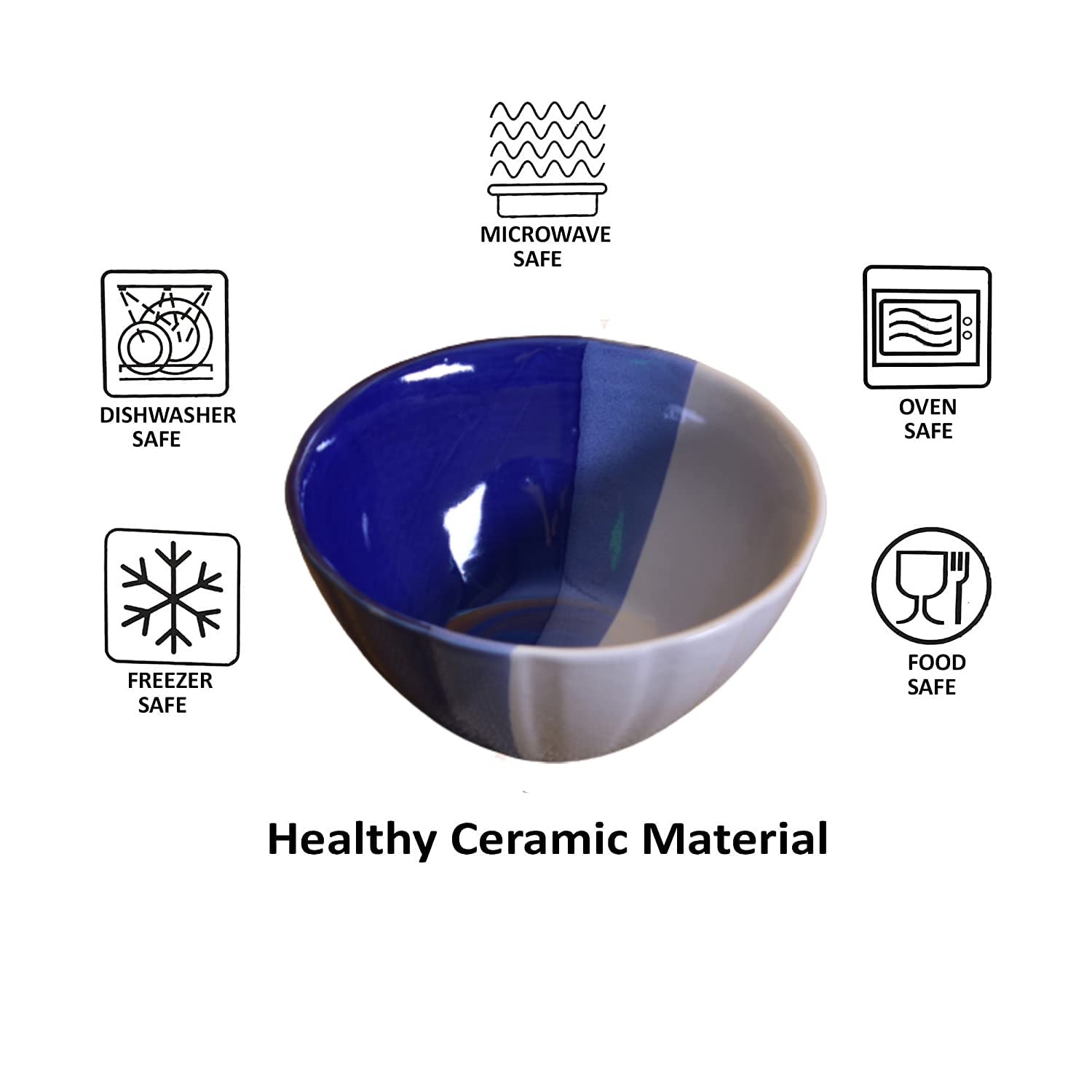 Kunhar Glazed Studio Pottery Ceramic Bowl 1000 ML White Blue