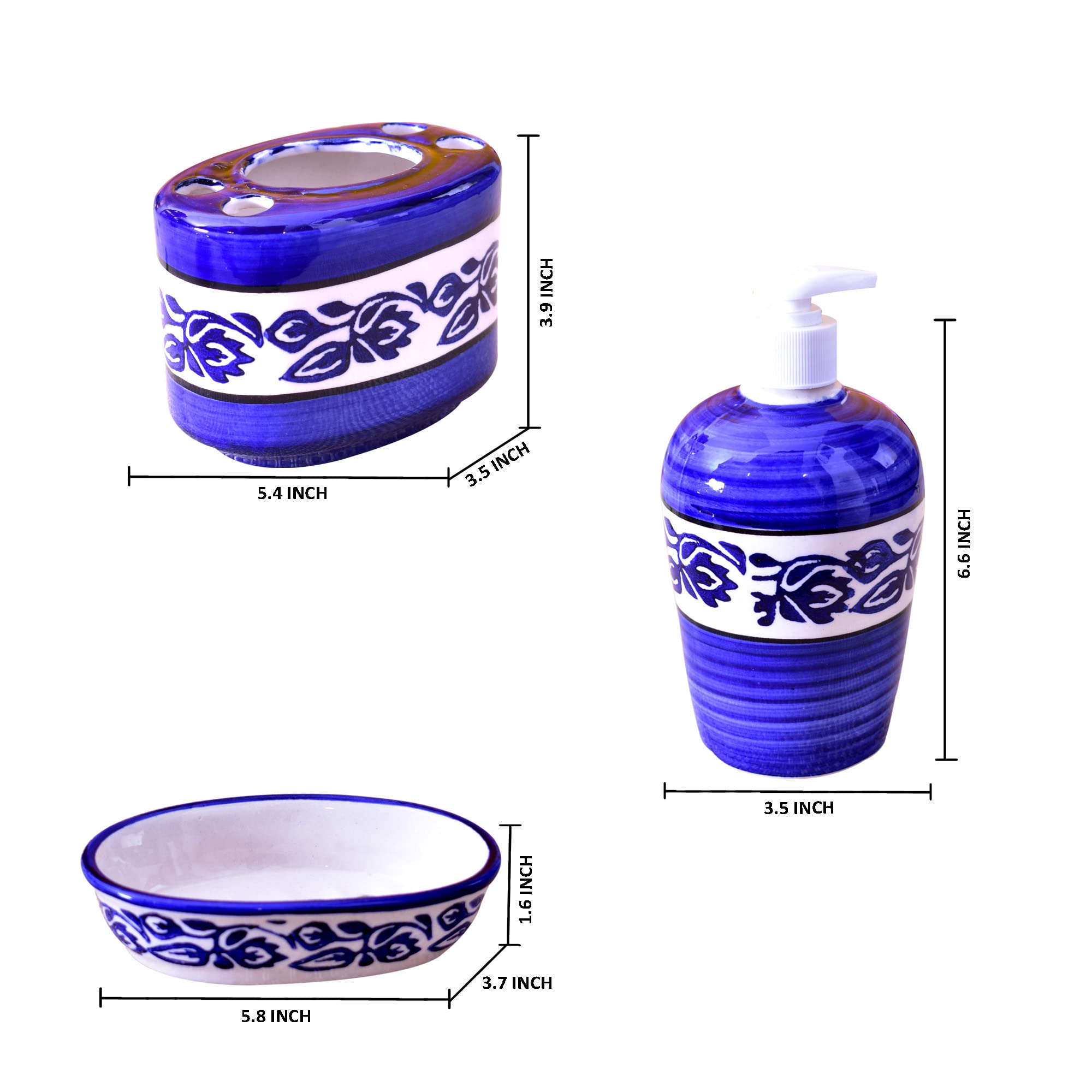 KunhaR Ceramic 3-Piece Bathroom Accessory Set, Blue-Flower (Liquid Soap Dispenser 450 ML, Soap Tray and Toothbrush Holder)