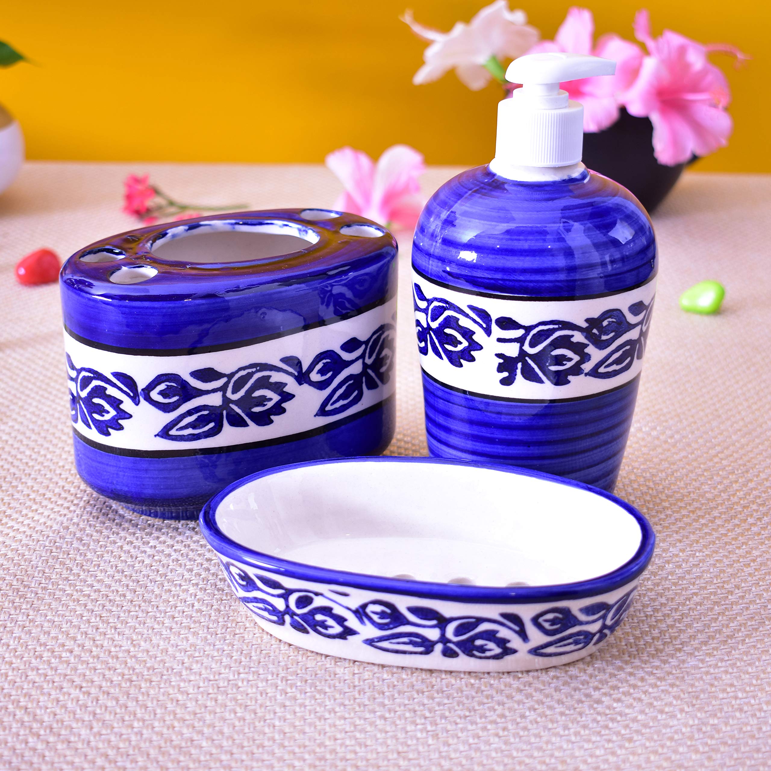 KunhaR Ceramic 3-Piece Bathroom Accessory Set, Blue-Flower (Liquid Soap Dispenser 450 ML, Soap Tray and Toothbrush Holder)