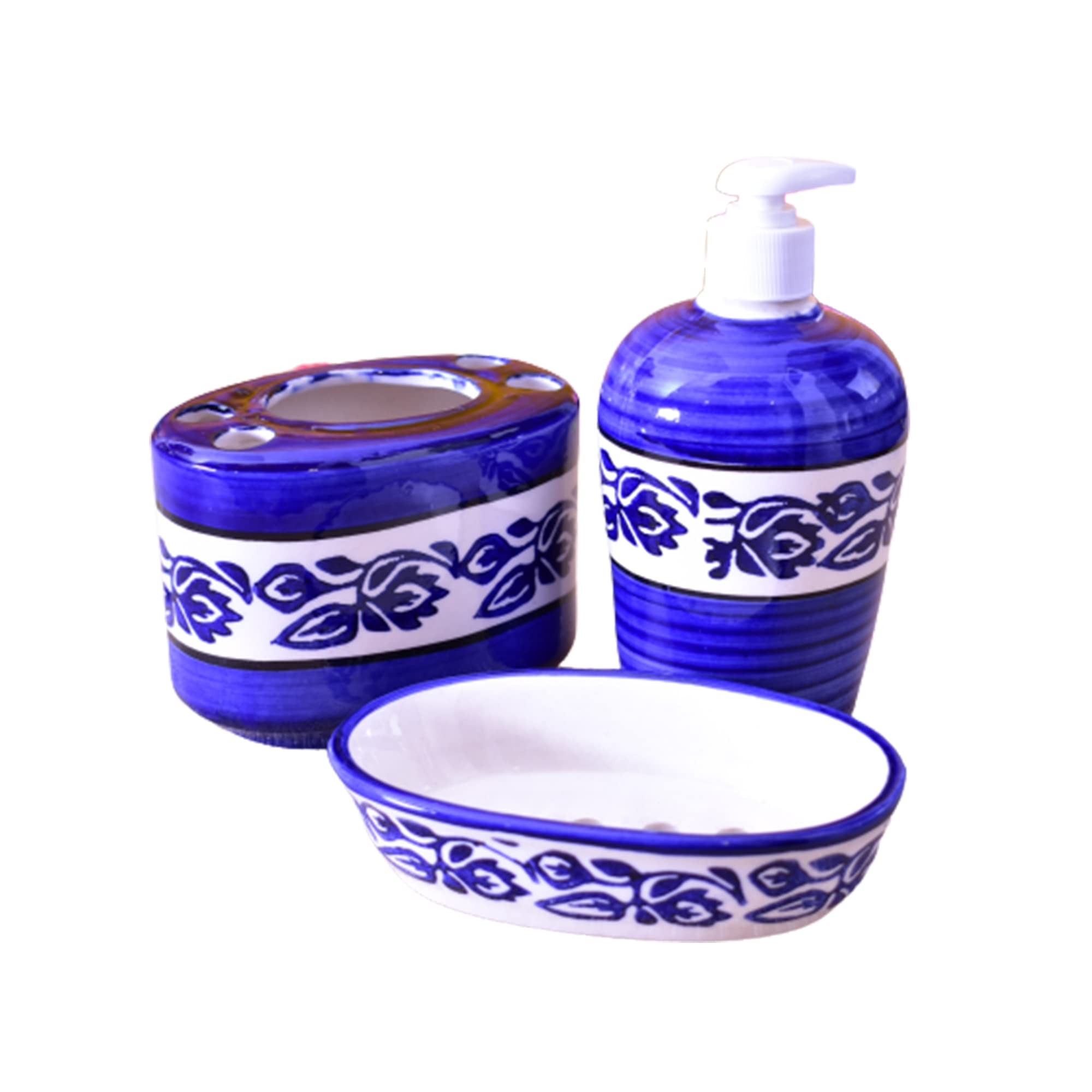 KunhaR Ceramic 3-Piece Bathroom Accessory Set, Blue-Flower (Liquid Soap Dispenser 450 ML, Soap Tray and Toothbrush Holder)
