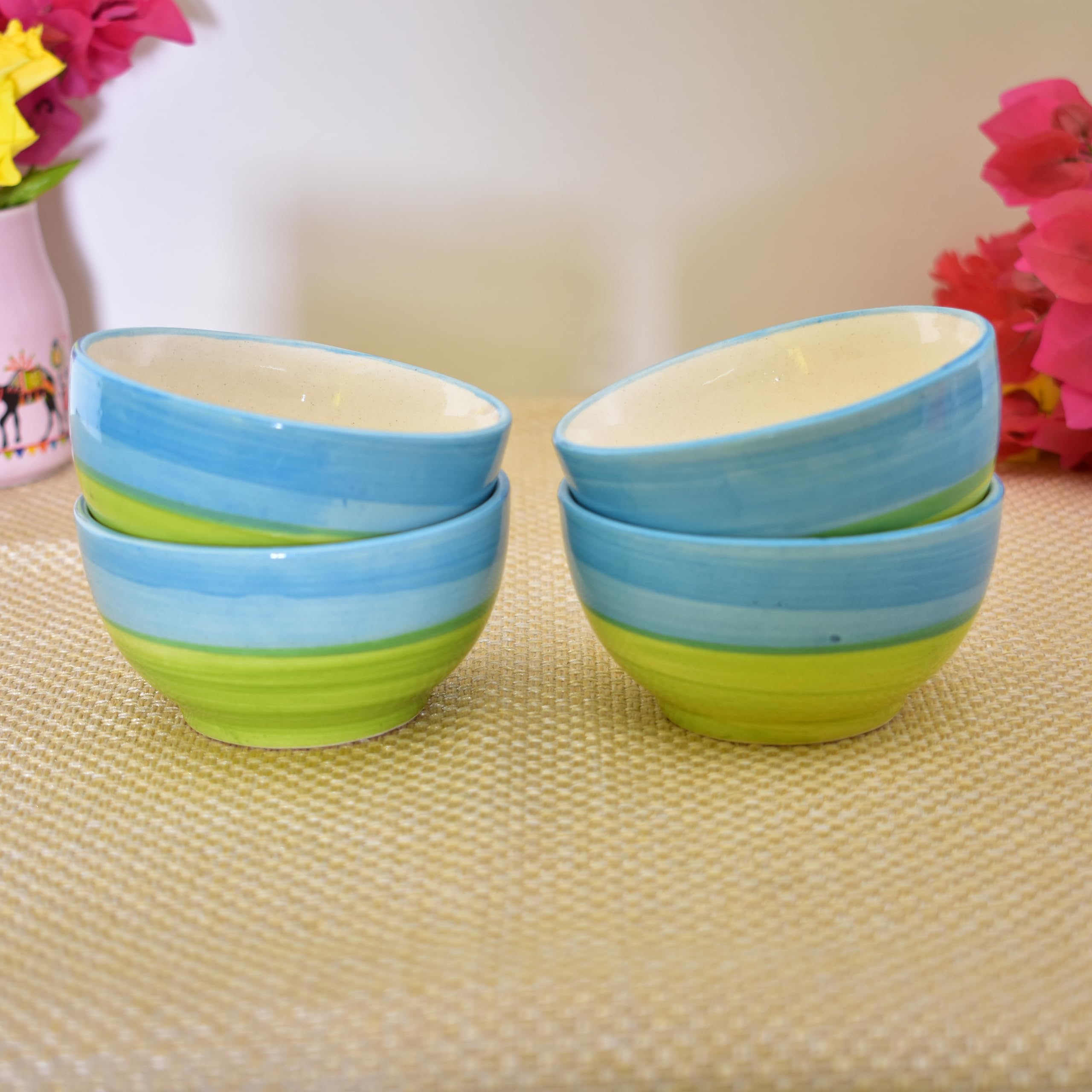 Kunhar Ceramic Hand Painted Dessert Bowls - 150 Ml, 4 Pieces, Green