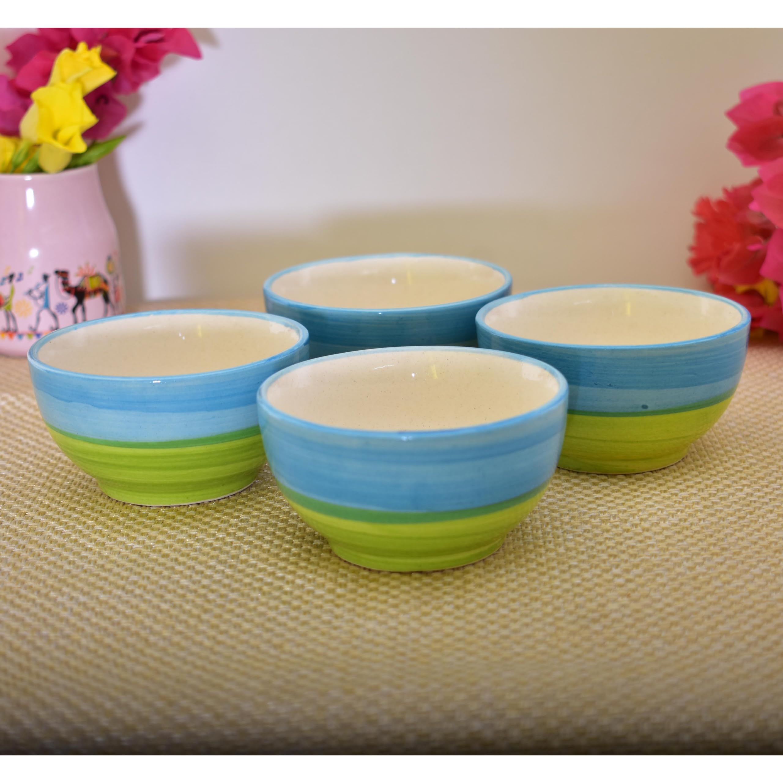 Kunhar Ceramic Hand Painted Dessert Bowls - 150 Ml, 4 Pieces, Green