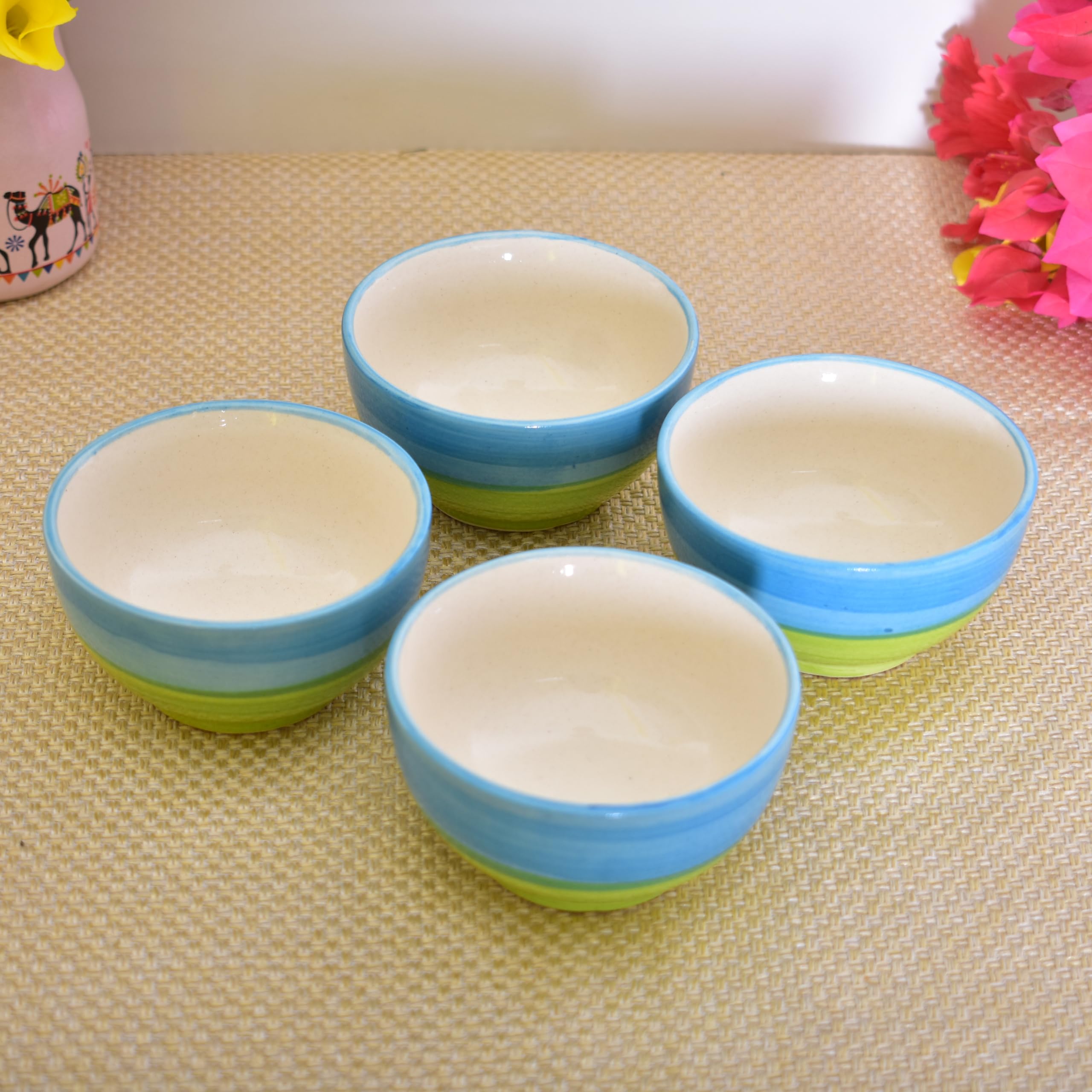 Kunhar Ceramic Hand Painted Dessert Bowls - 150 Ml, 4 Pieces, Green