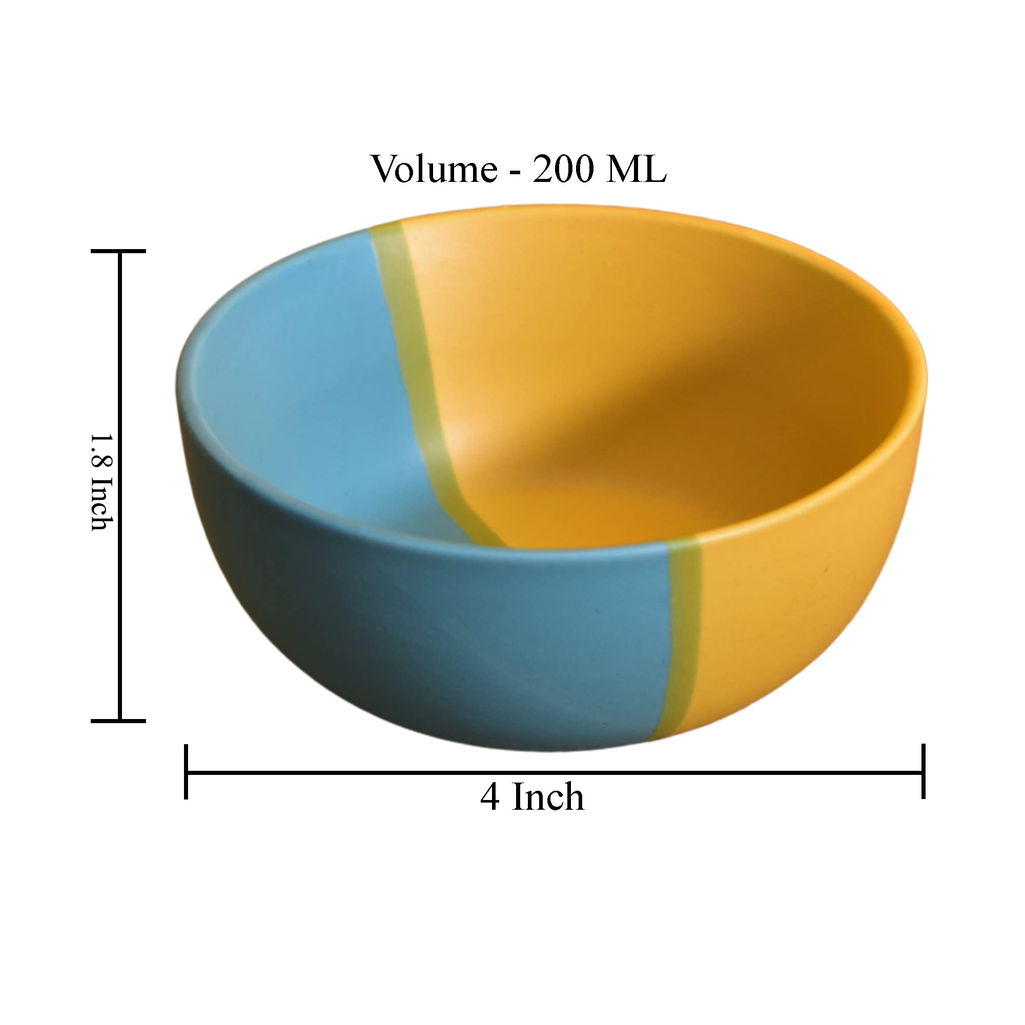 Kunhar Ceramic Hand Painted Dessert Bowls - 200 Ml, 4 Pieces, Yellow Blue