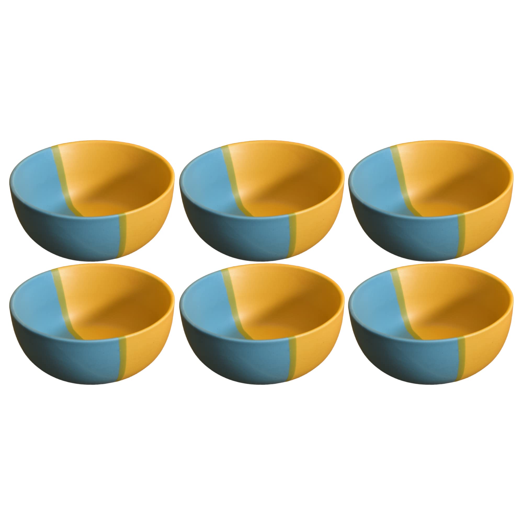 Kunhar Ceramic Hand Painted Dessert Bowls - 200 Ml, 6 Pieces, Yellow Blue