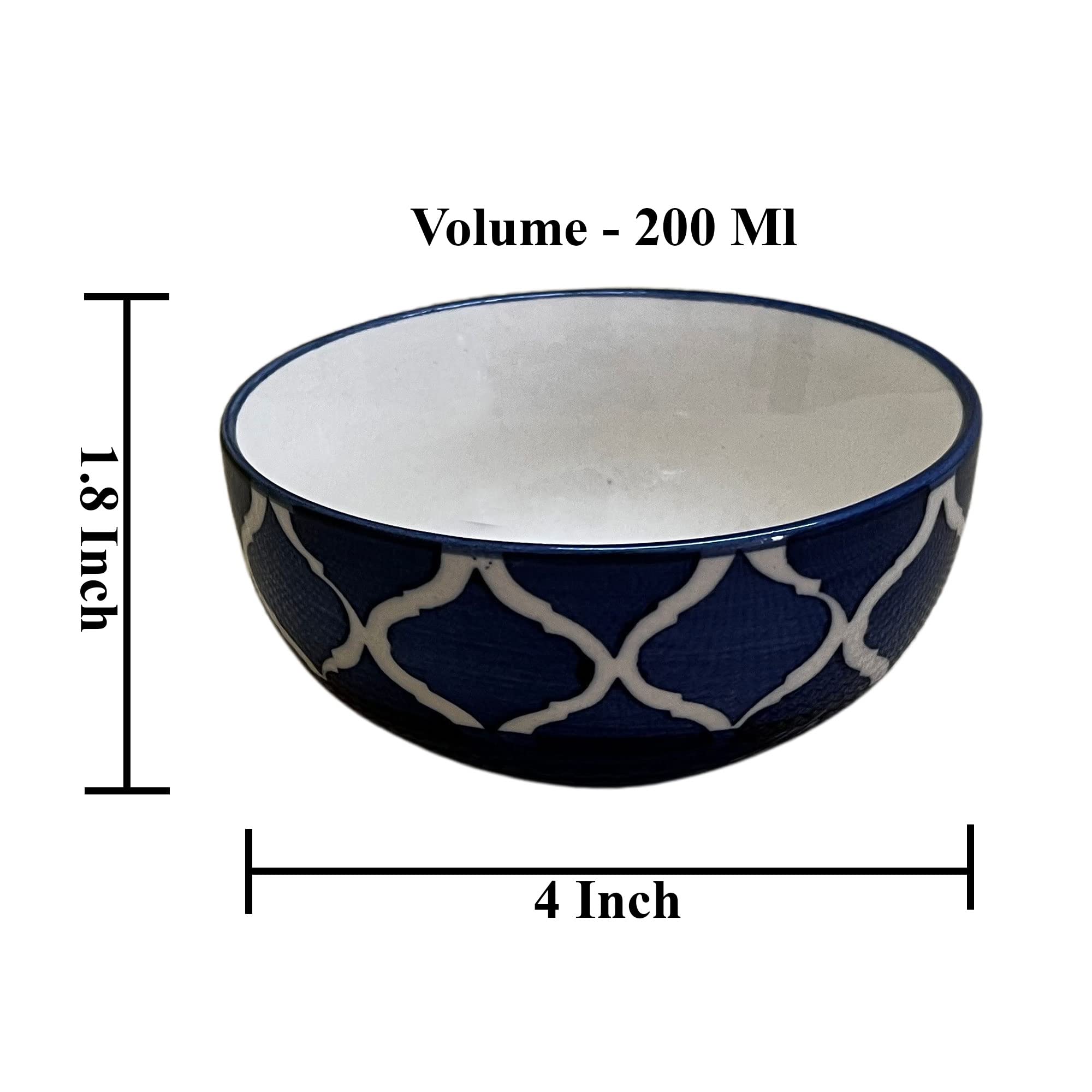 Kunhar Ceramic Hand Painted Dessert Bowls - 200 Ml, 6 Pieces, Blue Chidi