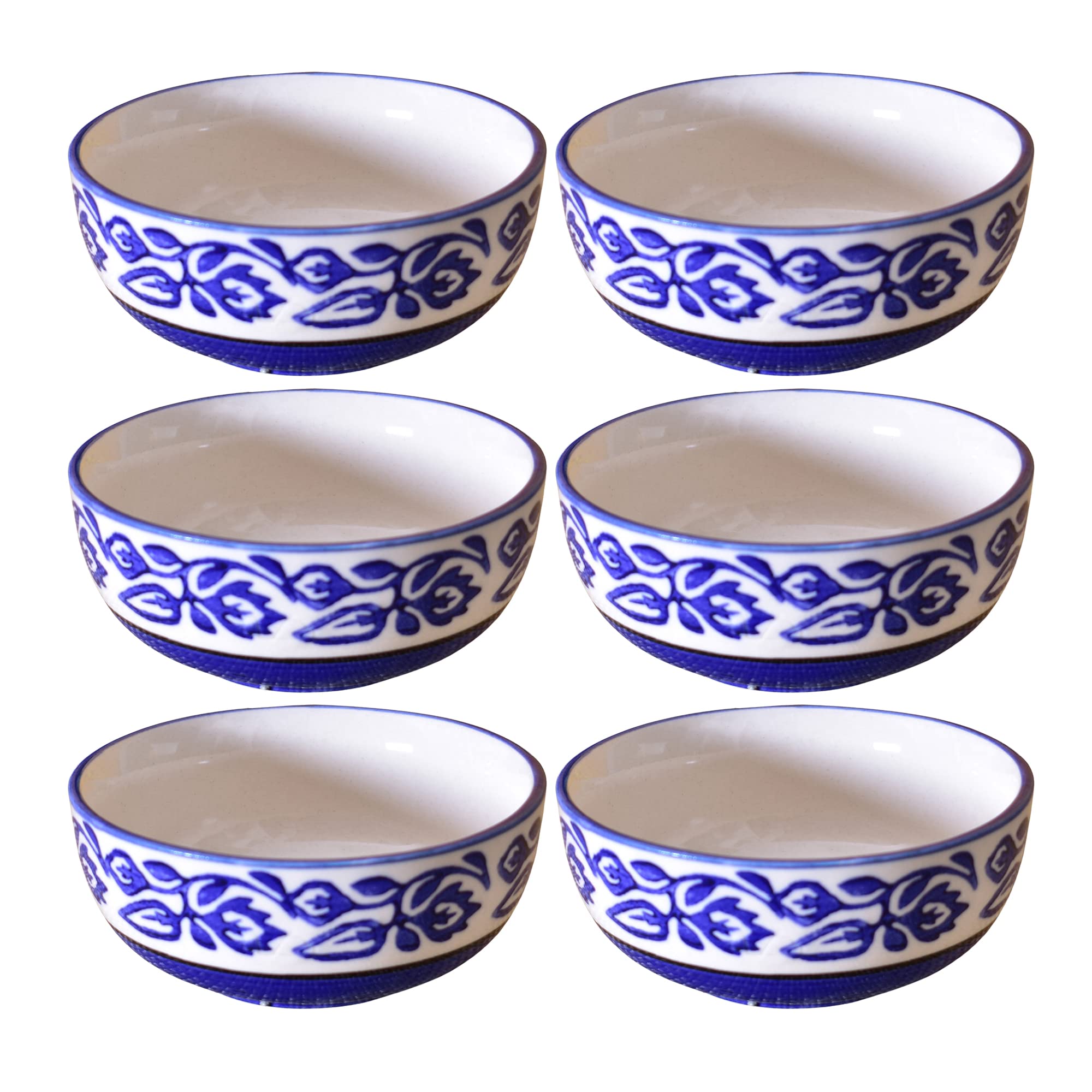 Kunhar Ceramic Hand Painted Dessert Bowls - 200 Ml, 6 Pieces, Blue Vine