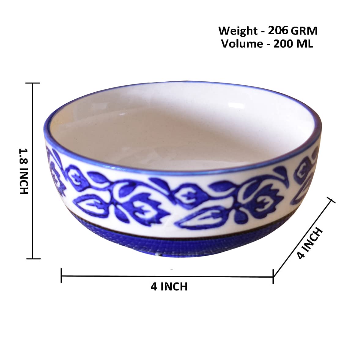Kunhar Ceramic Hand Painted Dessert Bowls - 200 Ml, 6 Pieces, Blue Vine