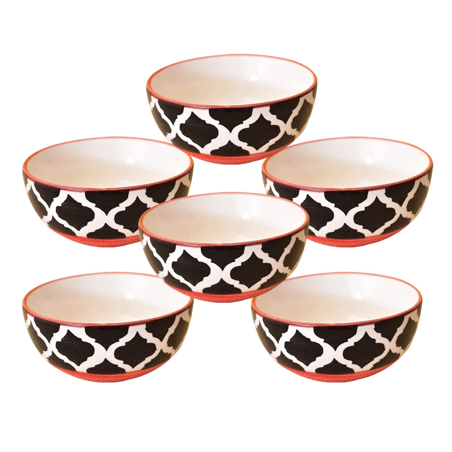 Kunhar Ceramic Hand Painted Dessert Bowls - 200 Ml, 6 Pieces, Red Black