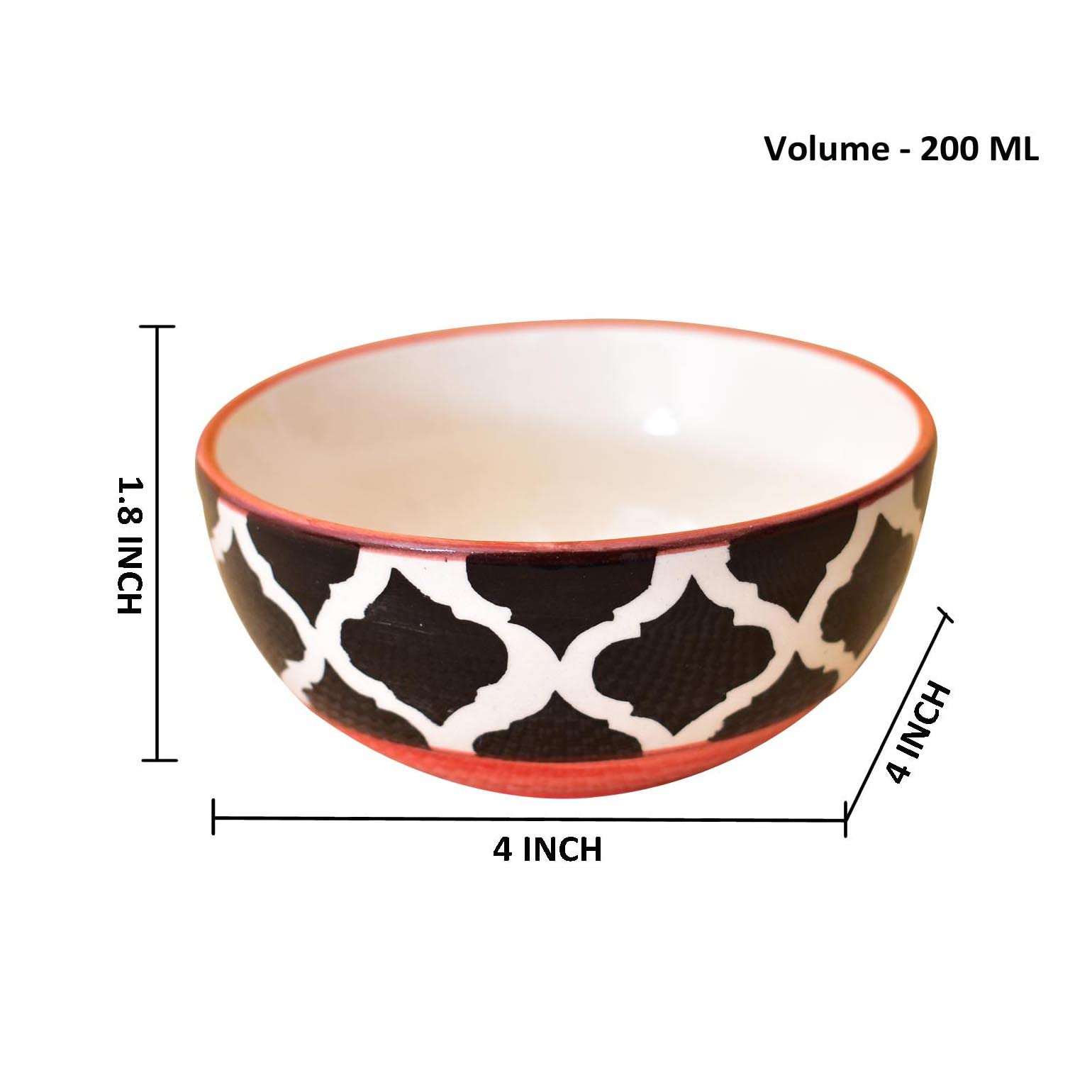 Kunhar Ceramic Hand Painted Dessert Bowls - 200 Ml, 6 Pieces, Red Black