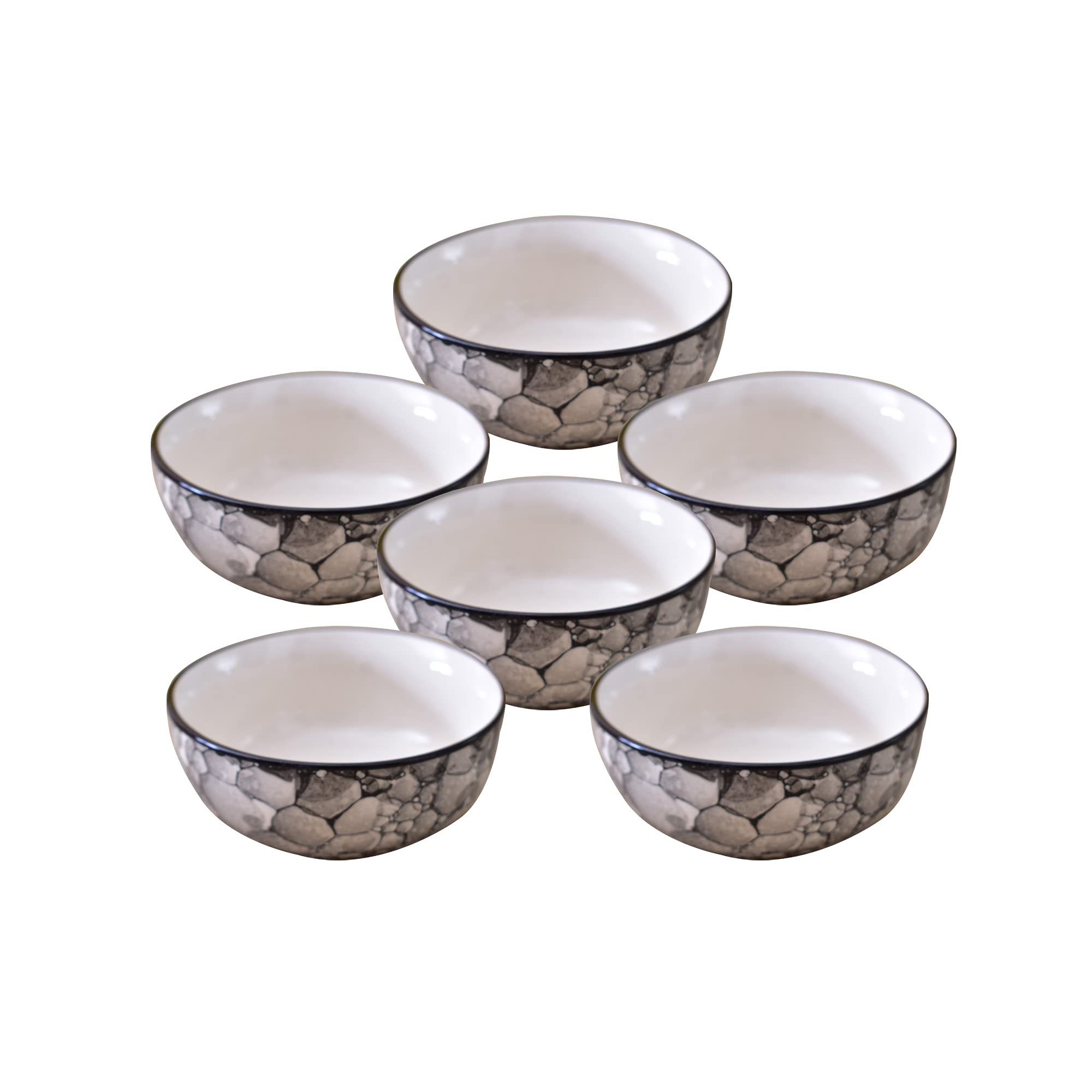 Kunhar Ceramic Hand Painted Dessert Bowl - 200 Ml, 6 Pieces, Black Luster