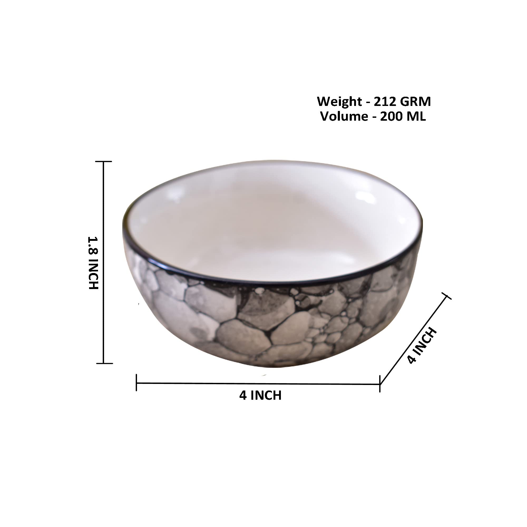 Kunhar Ceramic Hand Painted Dessert Bowl - 200 Ml, 6 Pieces, Black Luster