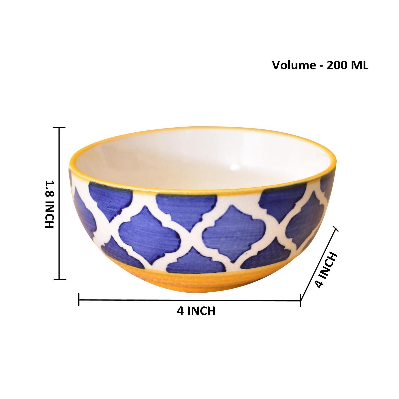 Kunhar Ceramic Hand Painted Dessert Bowls - 200 Ml, 6 Pieces, Yellow Blue