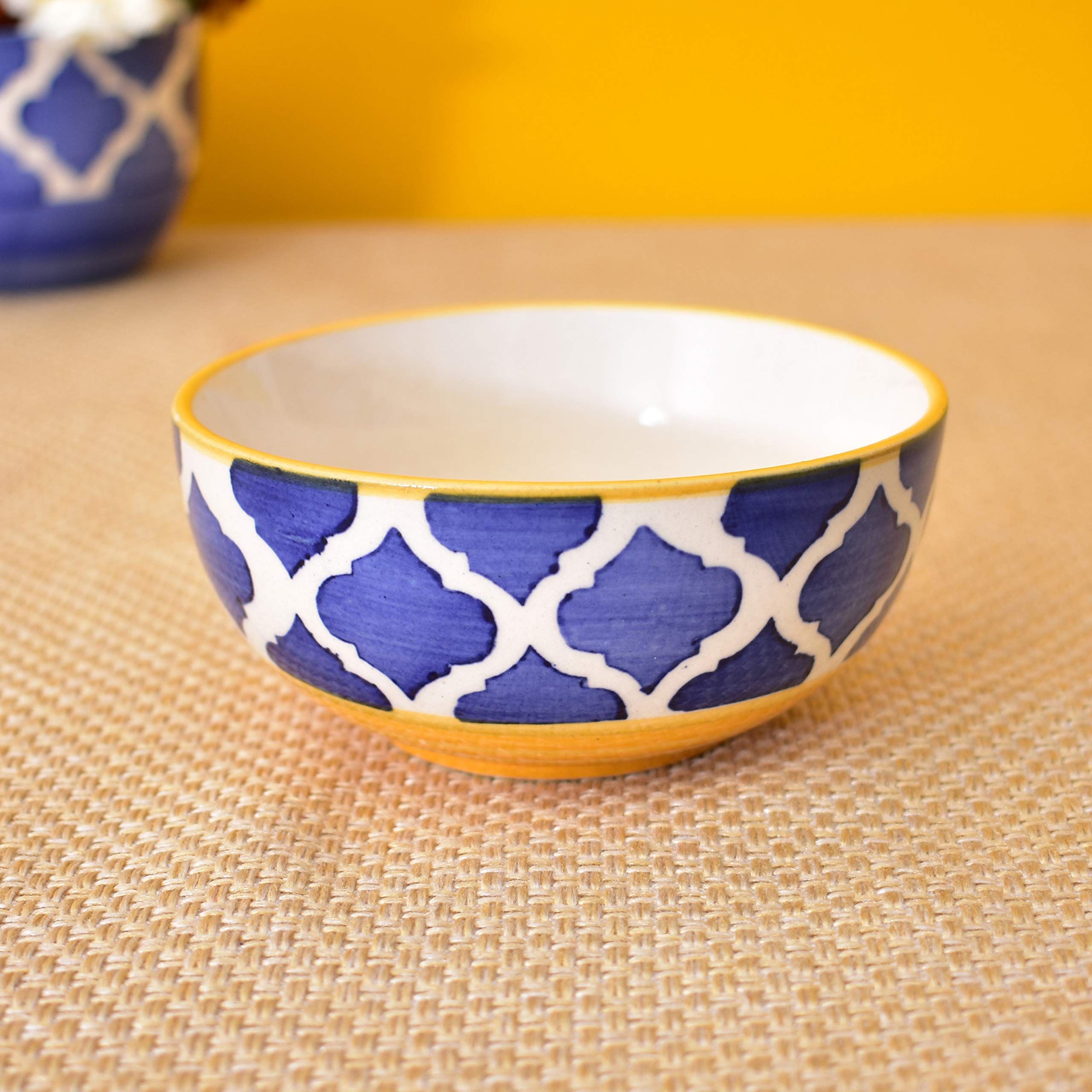 Kunhar Ceramic Hand Painted Dessert Bowls - 200 Ml, 6 Pieces, Yellow Blue