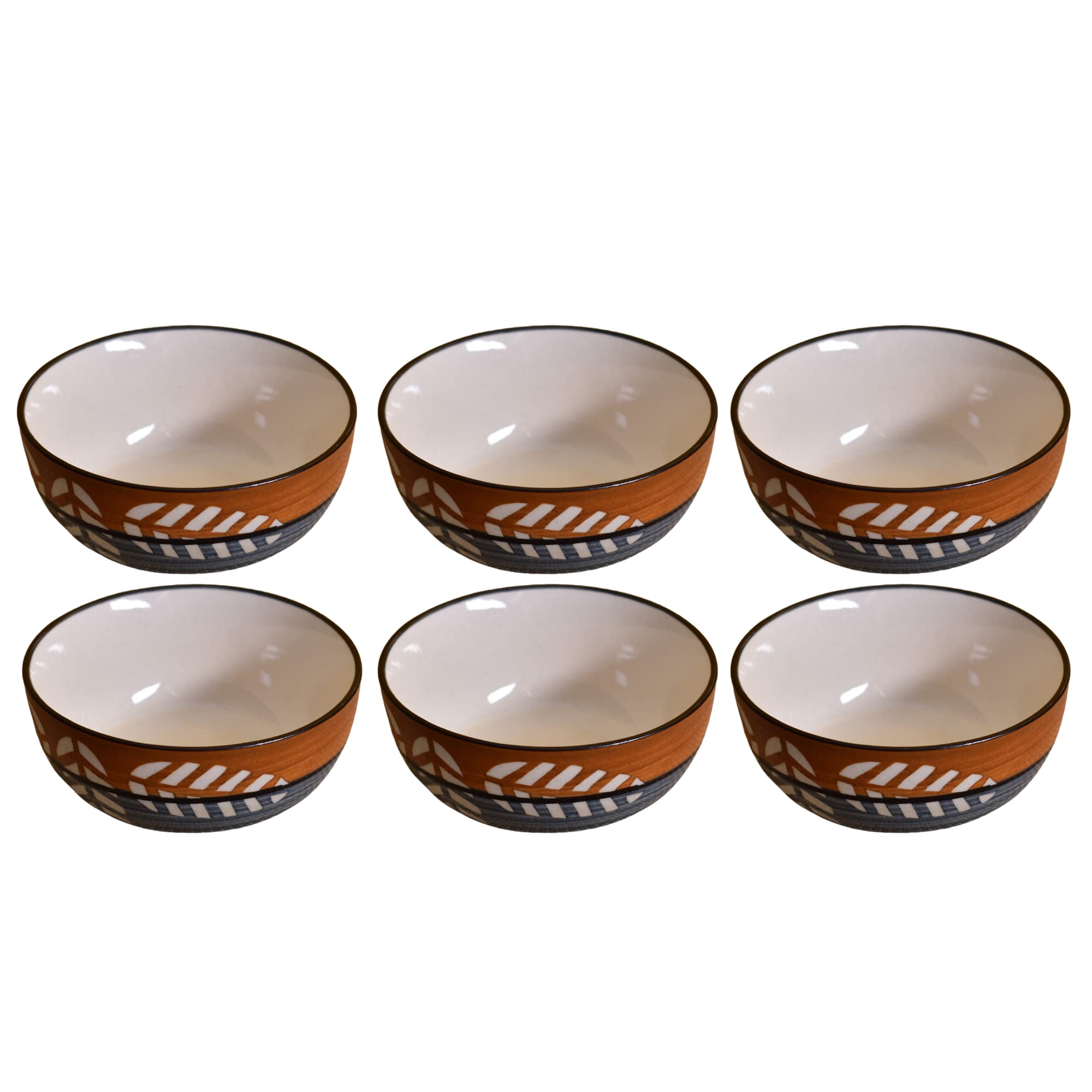 Kunhar Ceramic Hand Painted Dessert Bowls - 200 Ml, 6 Pieces, Brown Grey